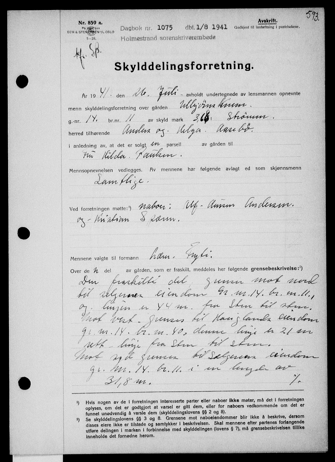 Holmestrand sorenskriveri, SAKO/A-67/G/Ga/Gaa/L0053: Pantebok nr. A-53, 1941-1941, Dagboknr: 1075/1941