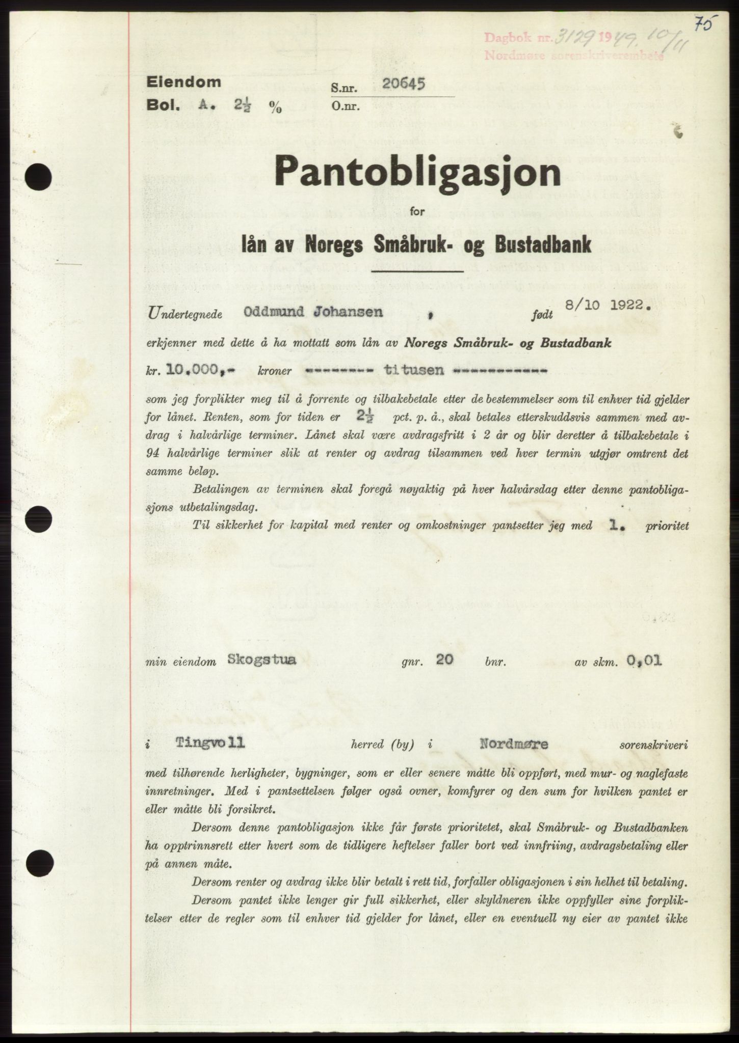 Nordmøre sorenskriveri, AV/SAT-A-4132/1/2/2Ca: Pantebok nr. B103, 1949-1950, Dagboknr: 3129/1949