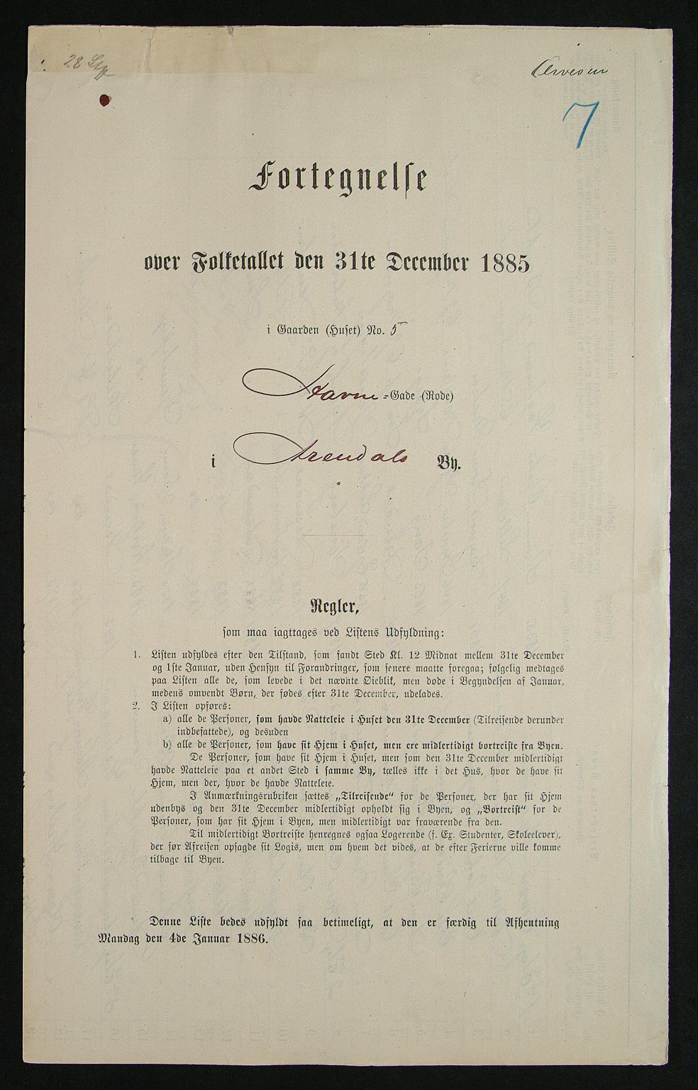 SAK, Folketelling 1885 for 0903 Arendal kjøpstad, 1885, s. 7