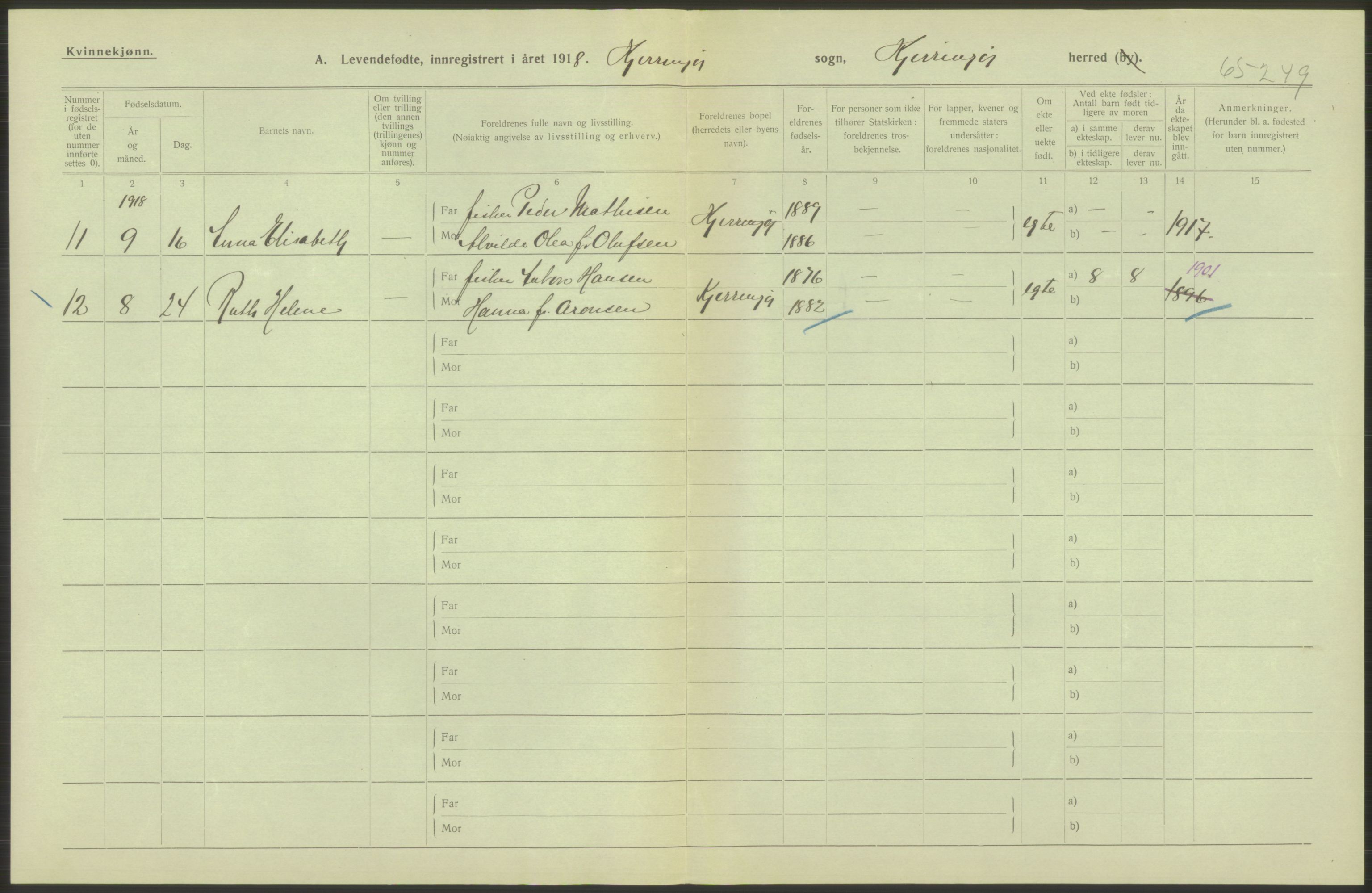 Statistisk sentralbyrå, Sosiodemografiske emner, Befolkning, AV/RA-S-2228/D/Df/Dfb/Dfbh/L0052: Nordland fylke: Levendefødte menn og kvinner. Bygder., 1918, s. 262