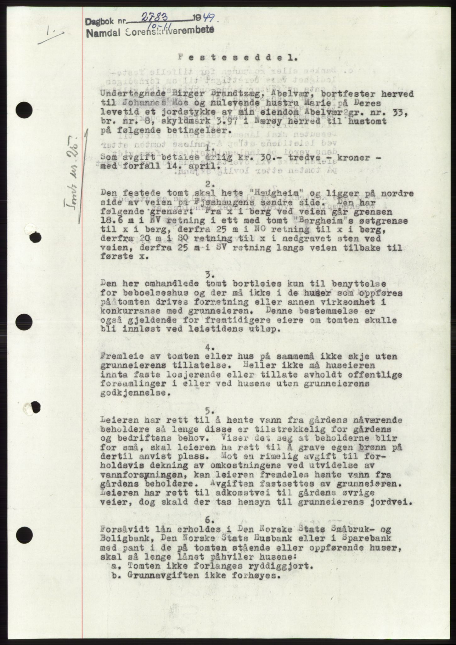 Namdal sorenskriveri, SAT/A-4133/1/2/2C: Pantebok nr. -, 1949-1949, Dagboknr: 2783/1949