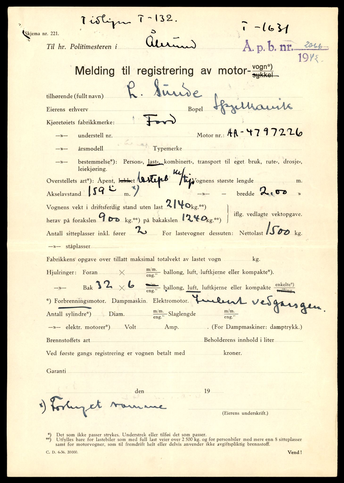 Møre og Romsdal vegkontor - Ålesund trafikkstasjon, SAT/A-4099/F/Fe/L0014: Registreringskort for kjøretøy T 1565 - T 1698, 1927-1998, s. 1532