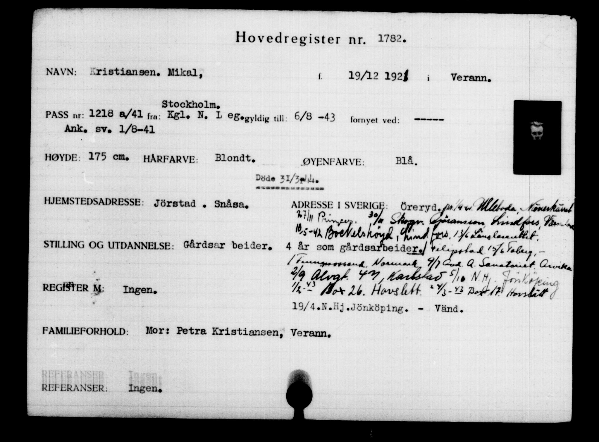 Utenriksstasjonene, Legasjonen i Stockholm, Flyktningkontoret, AV/RA-S-6753/V/Va/L0002: Kjesäterkartoteket, flyktninger med registreringsnr. 1001-2000, 1940-1945, s. 1116
