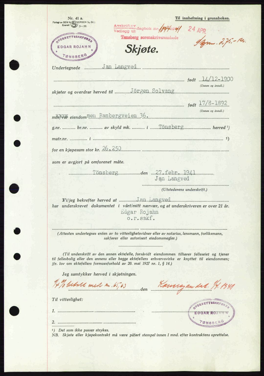 Tønsberg sorenskriveri, AV/SAKO-A-130/G/Ga/Gaa/L0010: Pantebok nr. A10, 1941-1941, Dagboknr: 1044/1941