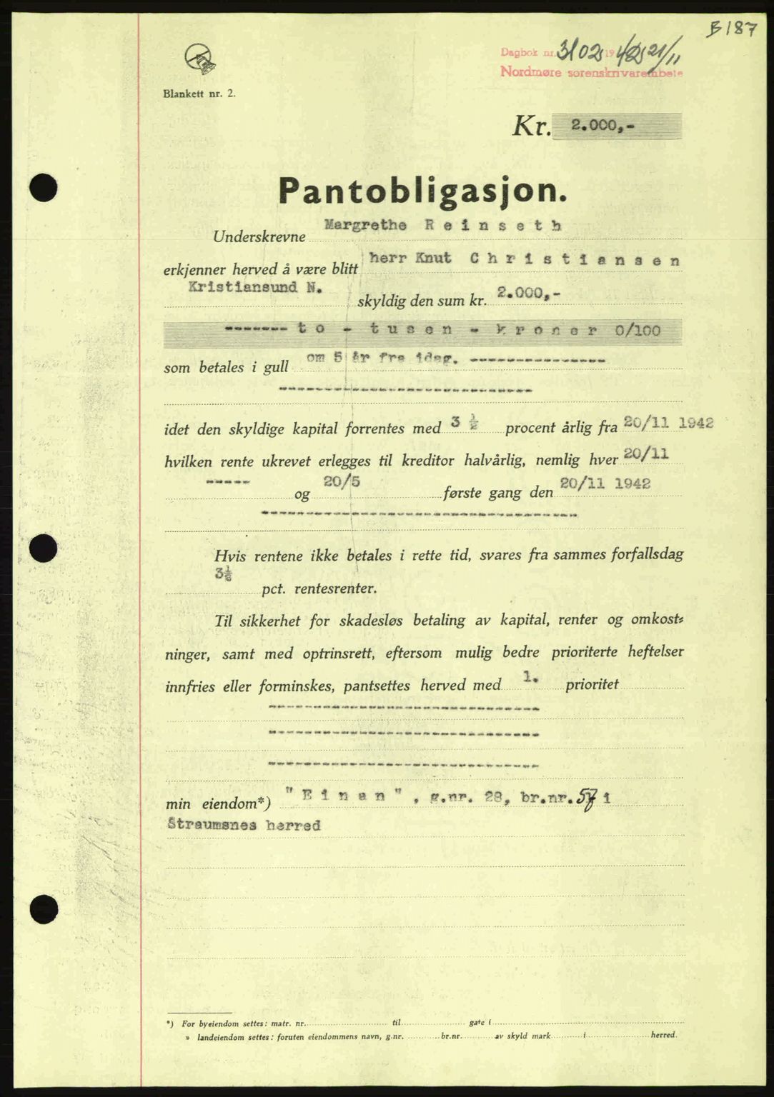 Nordmøre sorenskriveri, SAT/A-4132/1/2/2Ca: Pantebok nr. B90, 1942-1943, Dagboknr: 3102/1942