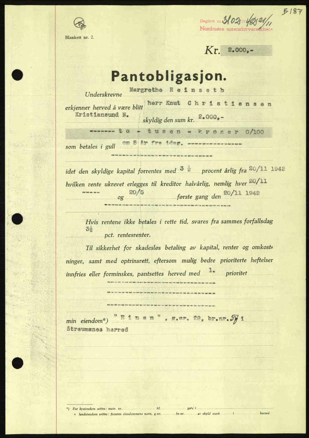 Nordmøre sorenskriveri, AV/SAT-A-4132/1/2/2Ca: Pantebok nr. B90, 1942-1943, Dagboknr: 3102/1942