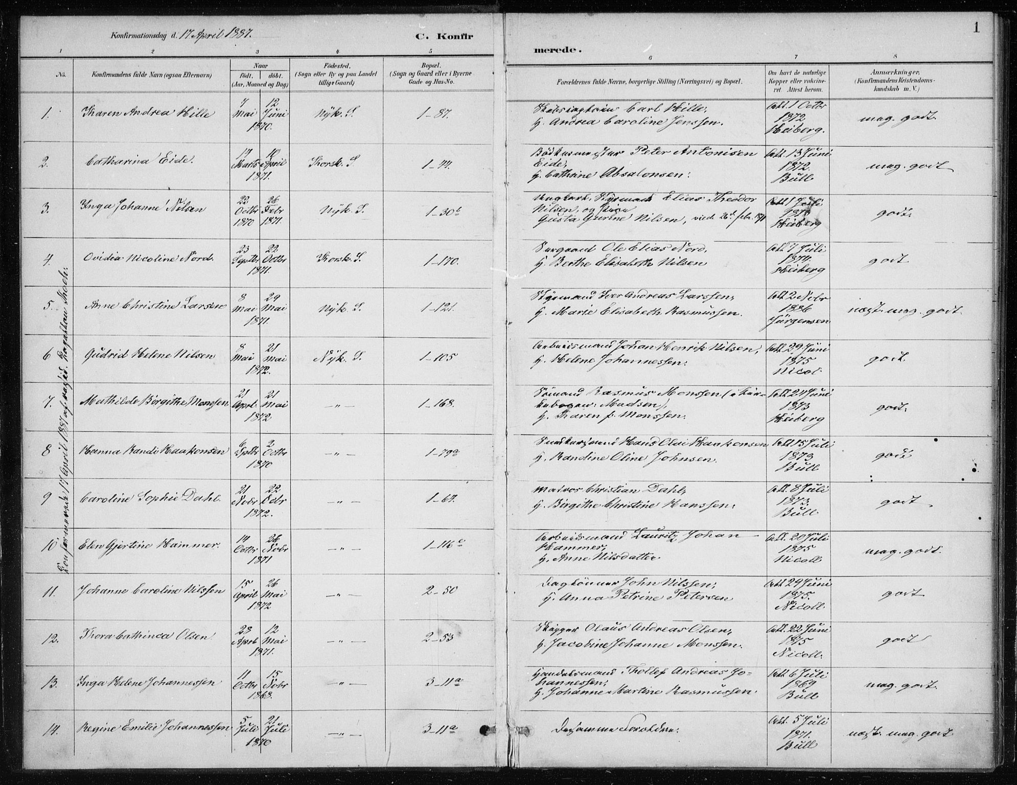 Nykirken Sokneprestembete, AV/SAB-A-77101/H/Haa/L0028: Ministerialbok nr. C 7, 1887-1913, s. 1
