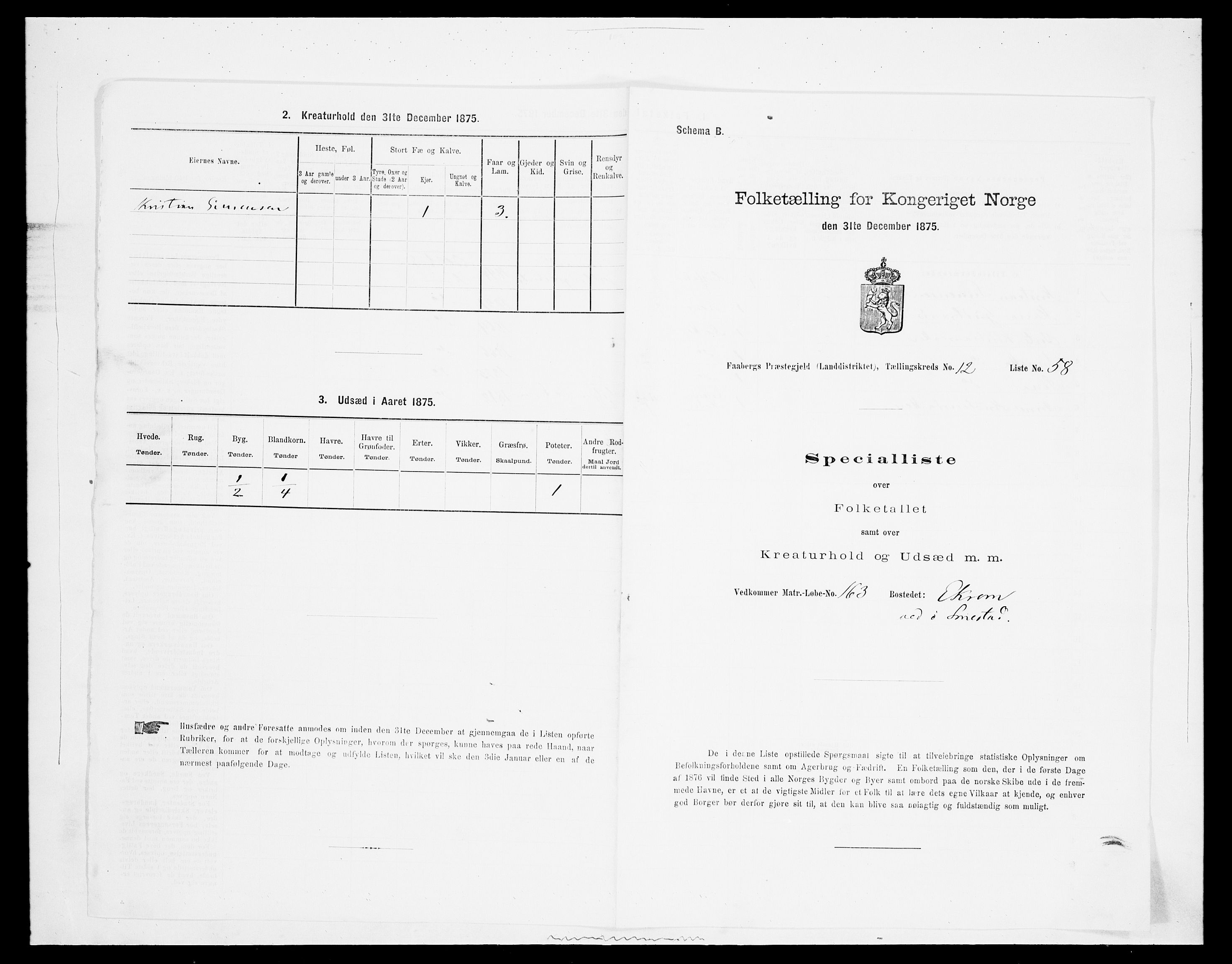 SAH, Folketelling 1875 for 0524L Fåberg prestegjeld, Fåberg sokn og Lillehammer landsokn, 1875, s. 1567