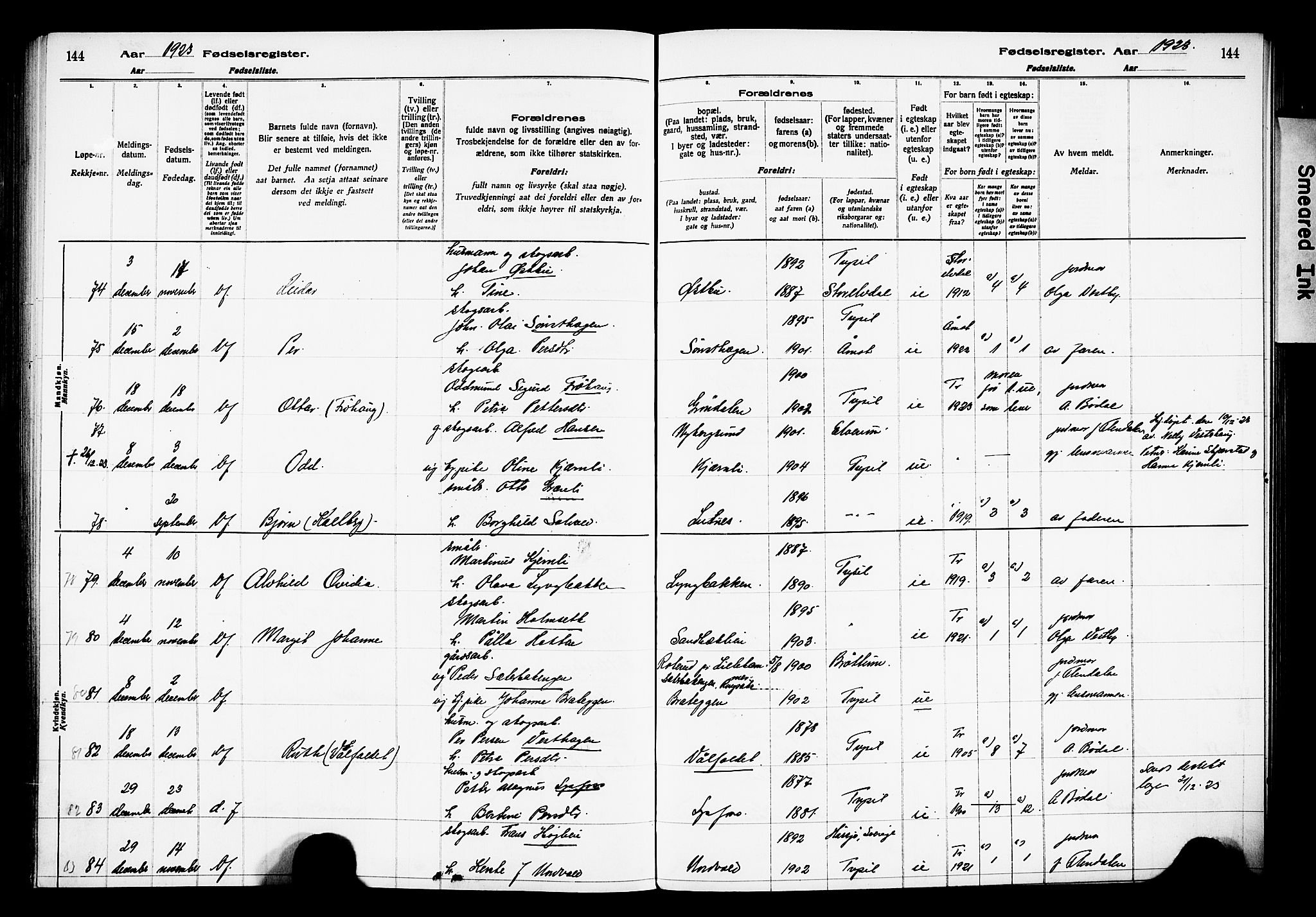 Trysil prestekontor, AV/SAH-PREST-046/I/Id/Ida/L0001: Fødselsregister nr. I 1, 1916-1927, s. 144