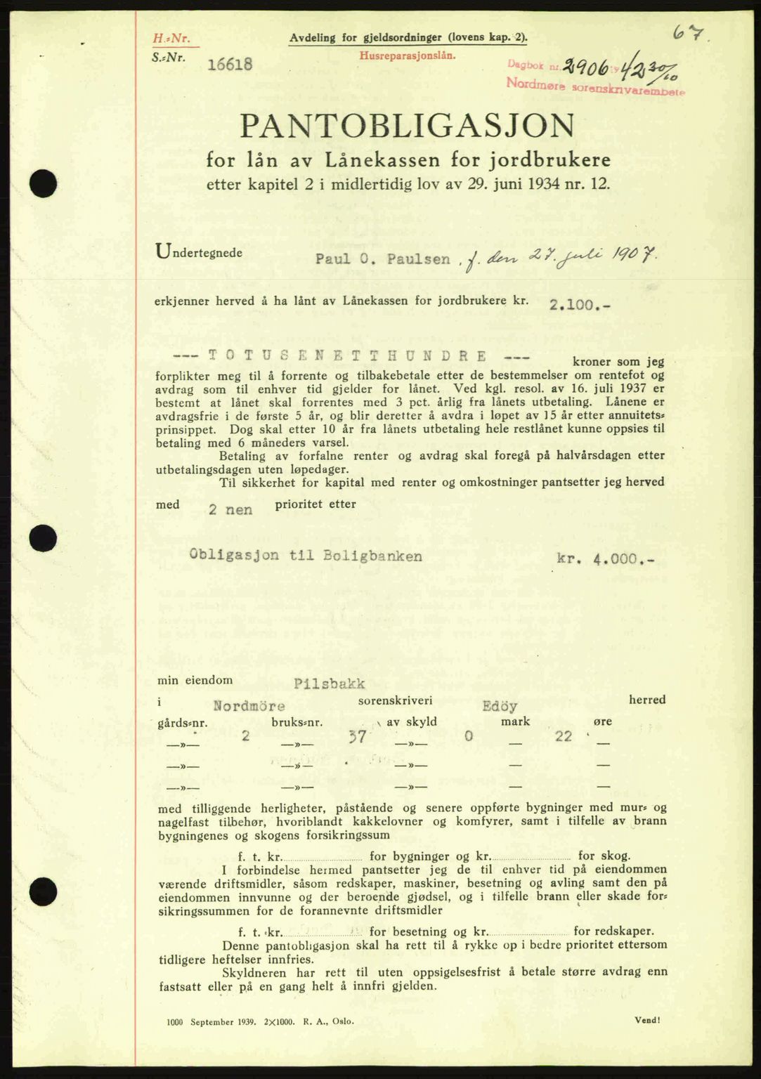 Nordmøre sorenskriveri, SAT/A-4132/1/2/2Ca: Pantebok nr. B90, 1942-1943, Dagboknr: 2906/1942