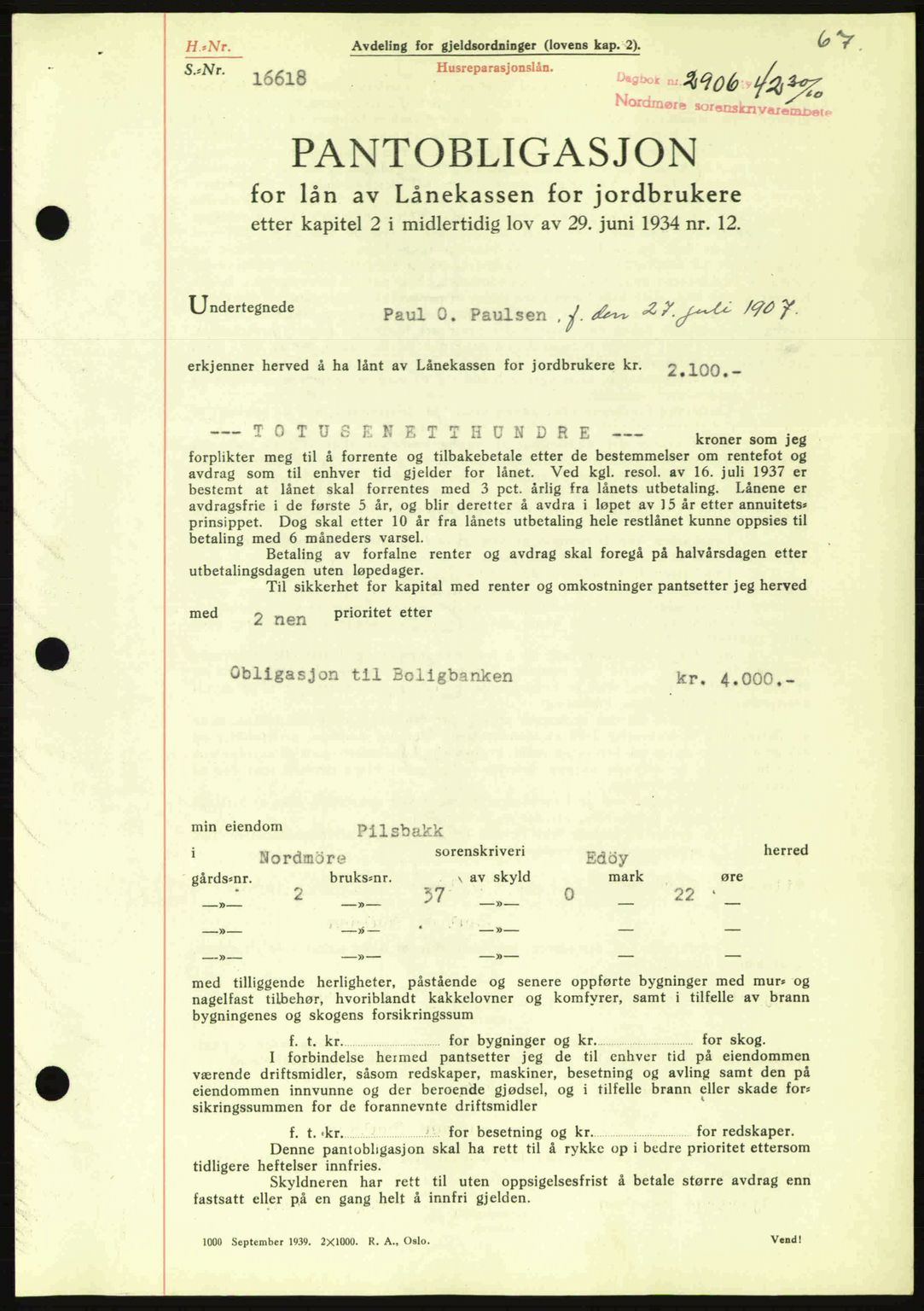 Nordmøre sorenskriveri, AV/SAT-A-4132/1/2/2Ca: Pantebok nr. B90, 1942-1943, Dagboknr: 2906/1942