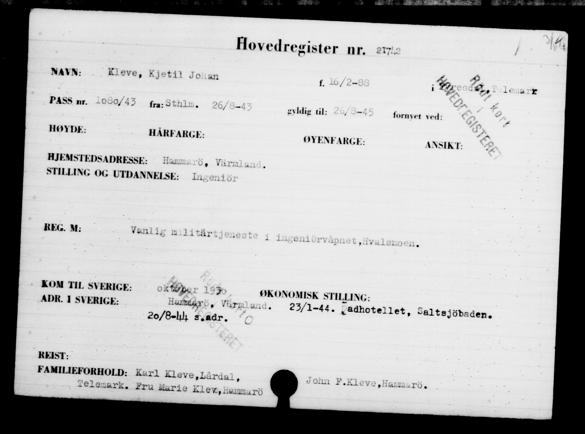 Utenriksstasjonene, Legasjonen i Stockholm, Flyktningkontoret, AV/RA-S-6753/V/Va/L0009: Kjesäterkartoteket, flyktninger med registreringsnr. 18502-22048, 1940-1945, s. 2768