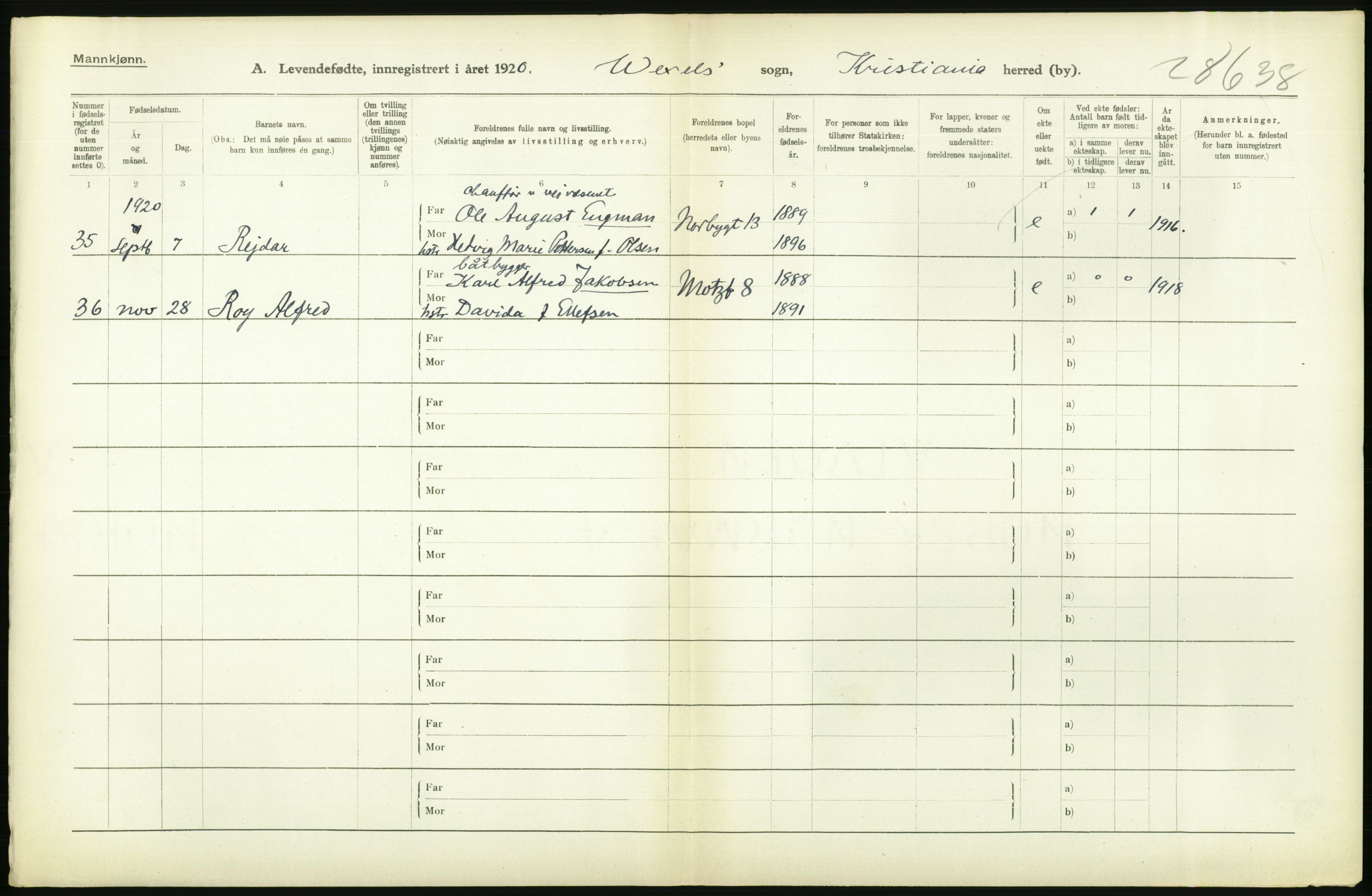 Statistisk sentralbyrå, Sosiodemografiske emner, Befolkning, RA/S-2228/D/Df/Dfb/Dfbj/L0008: Kristiania: Levendefødte menn og kvinner., 1920, s. 300