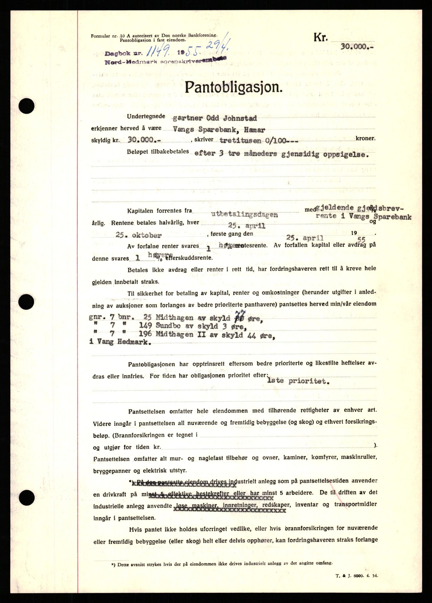 Nord-Hedmark sorenskriveri, SAH/TING-012/H/Hb/Hbf/L0032: Pantebok nr. B32, 1955-1955, Dagboknr: 1149/1952