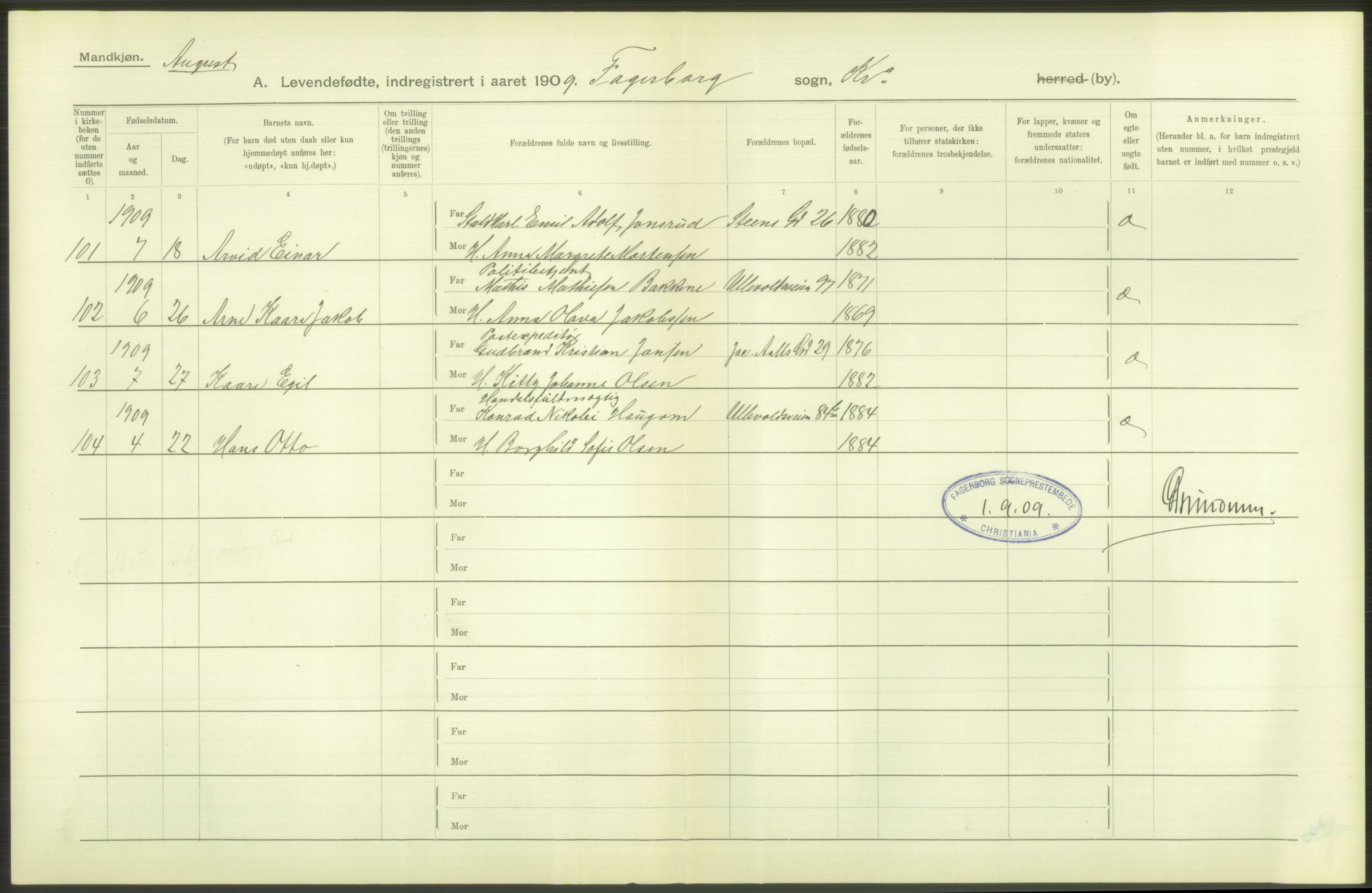 Statistisk sentralbyrå, Sosiodemografiske emner, Befolkning, AV/RA-S-2228/D/Df/Dfa/Dfag/L0007: Kristiania: Levendefødte menn og kvinner., 1909, s. 80