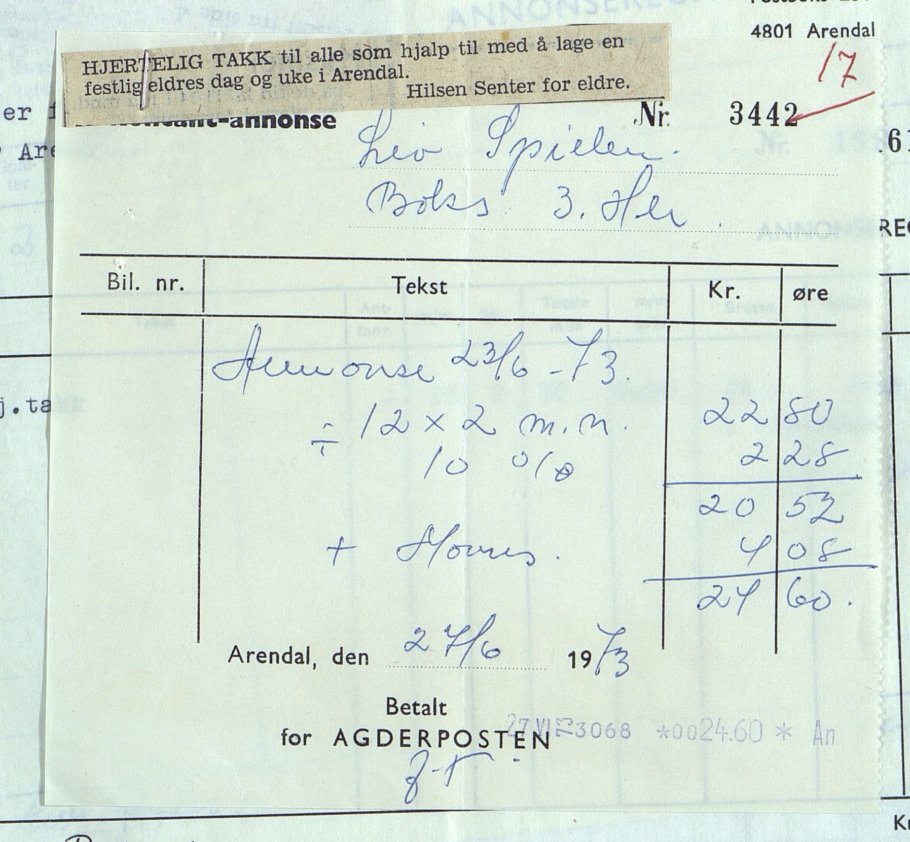 Byjubileet i Arendal 1973 , AAKS/KA0906-492a/E/E01/L0004: Spesielle arrangementer, 1971-1973