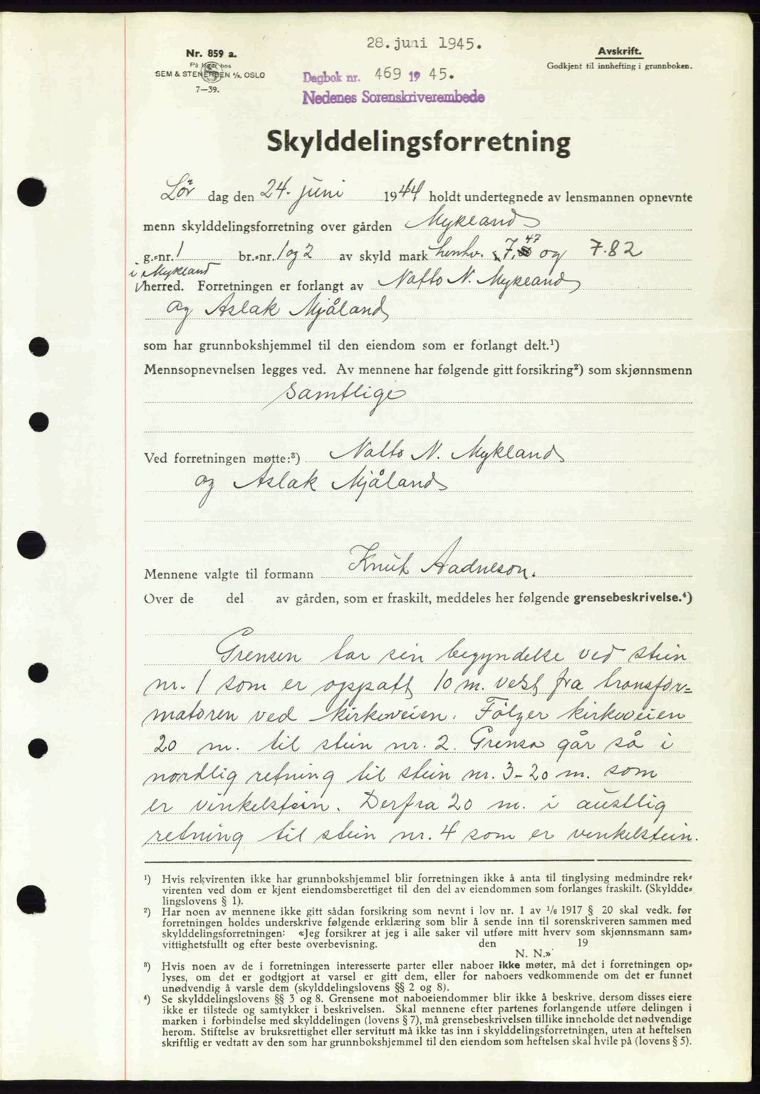 Nedenes sorenskriveri, SAK/1221-0006/G/Gb/Gba/L0052: Pantebok nr. A6a, 1944-1945, Dagboknr: 469/1945