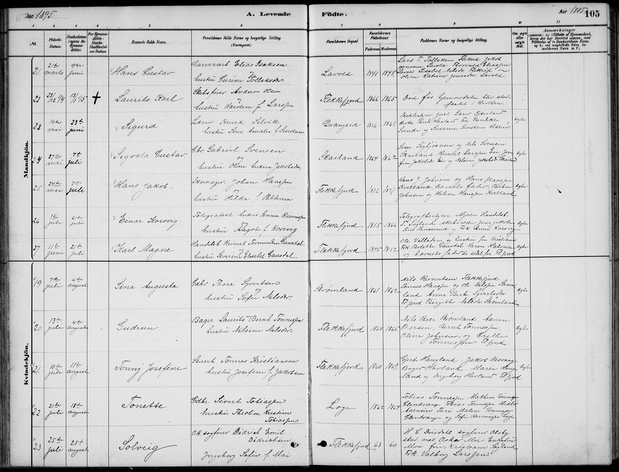 Flekkefjord sokneprestkontor, AV/SAK-1111-0012/F/Fb/Fbc/L0007: Klokkerbok nr. B 7, 1880-1902, s. 105