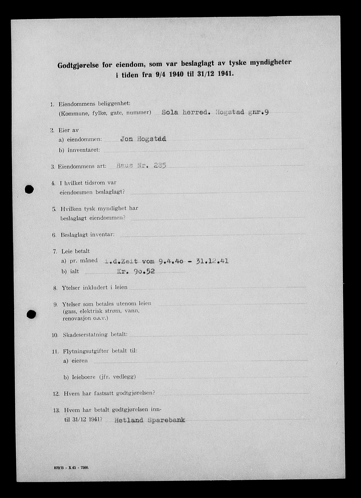 Justisdepartementet, Tilbakeføringskontoret for inndratte formuer, AV/RA-S-1564/I/L1014: Godtgjørelse for beslaglagt eiendom, 1940-1941, s. 340