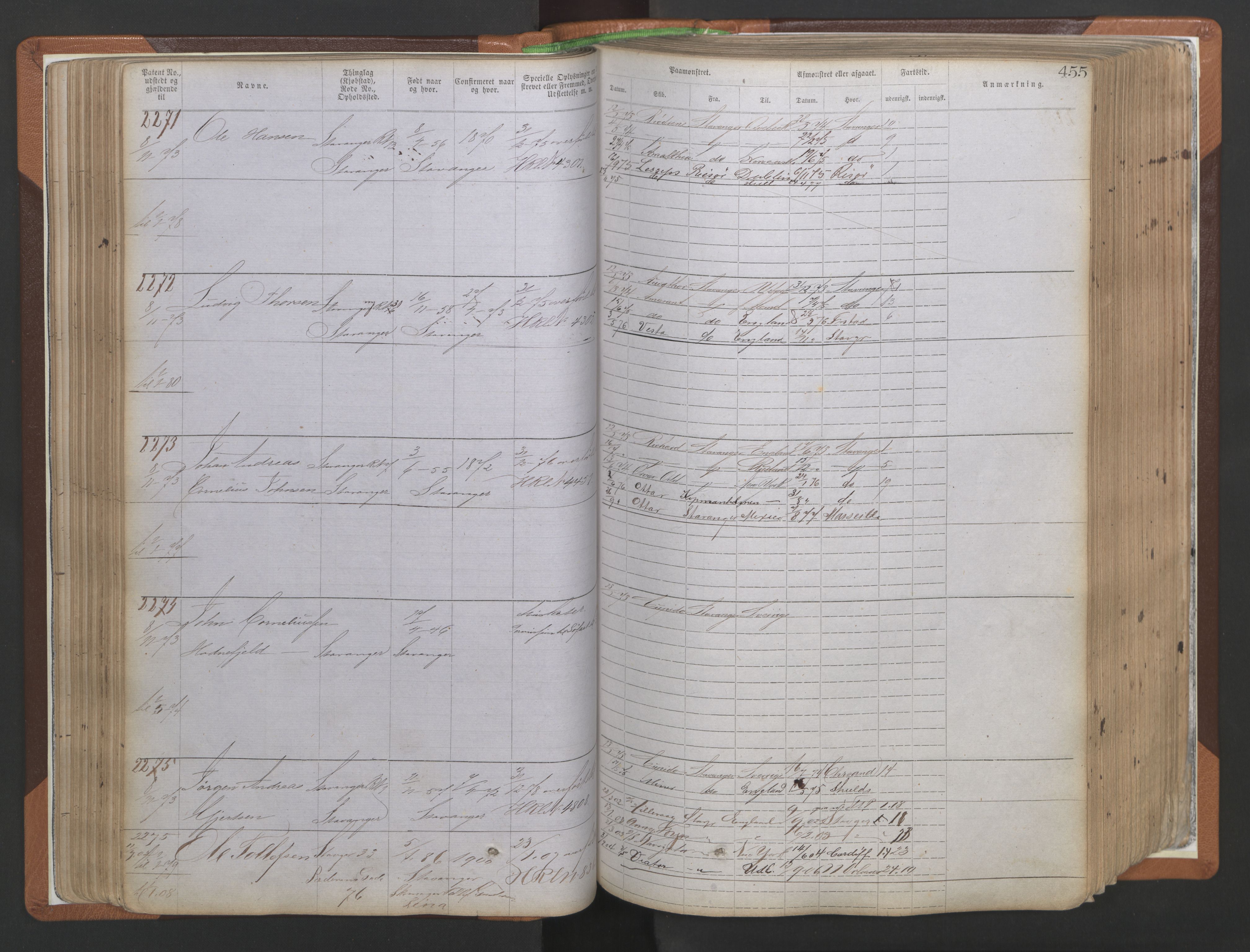 Stavanger sjømannskontor, AV/SAST-A-102006/F/Ff/L0009: Annotasjonsrulle, patentnr. 1805-3605 (dublett), 1872-1900, s. 98