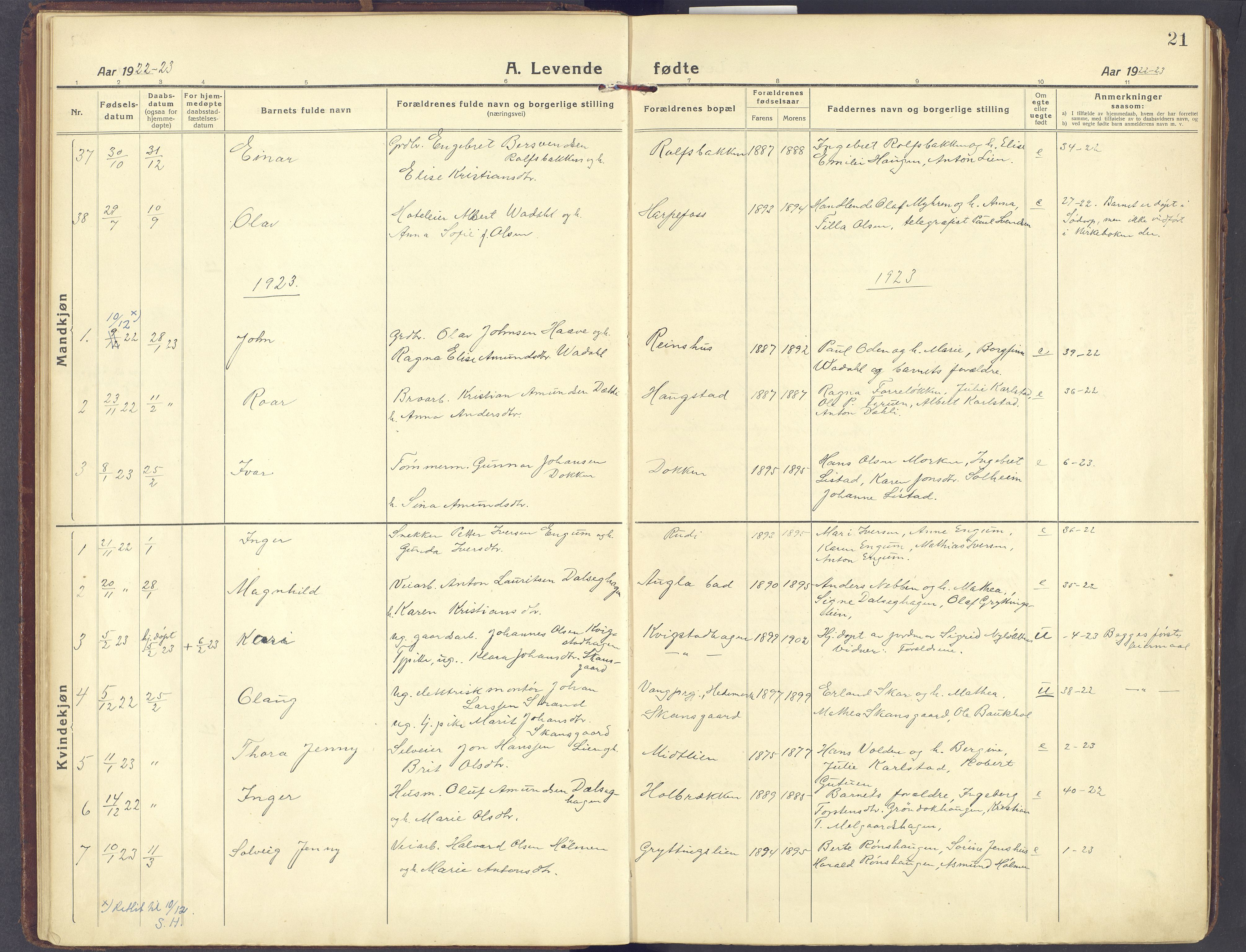 Sør-Fron prestekontor, AV/SAH-PREST-010/H/Ha/Haa/L0005: Ministerialbok nr. 5, 1920-1933, s. 21