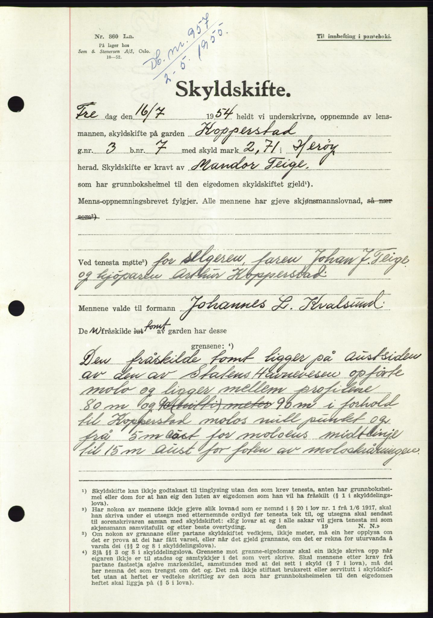 Søre Sunnmøre sorenskriveri, AV/SAT-A-4122/1/2/2C/L0100: Pantebok nr. 26A, 1954-1955, Dagboknr: 957/1955