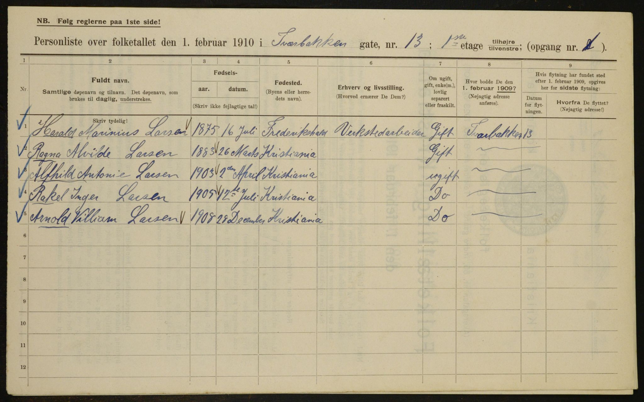 OBA, Kommunal folketelling 1.2.1910 for Kristiania, 1910, s. 111499