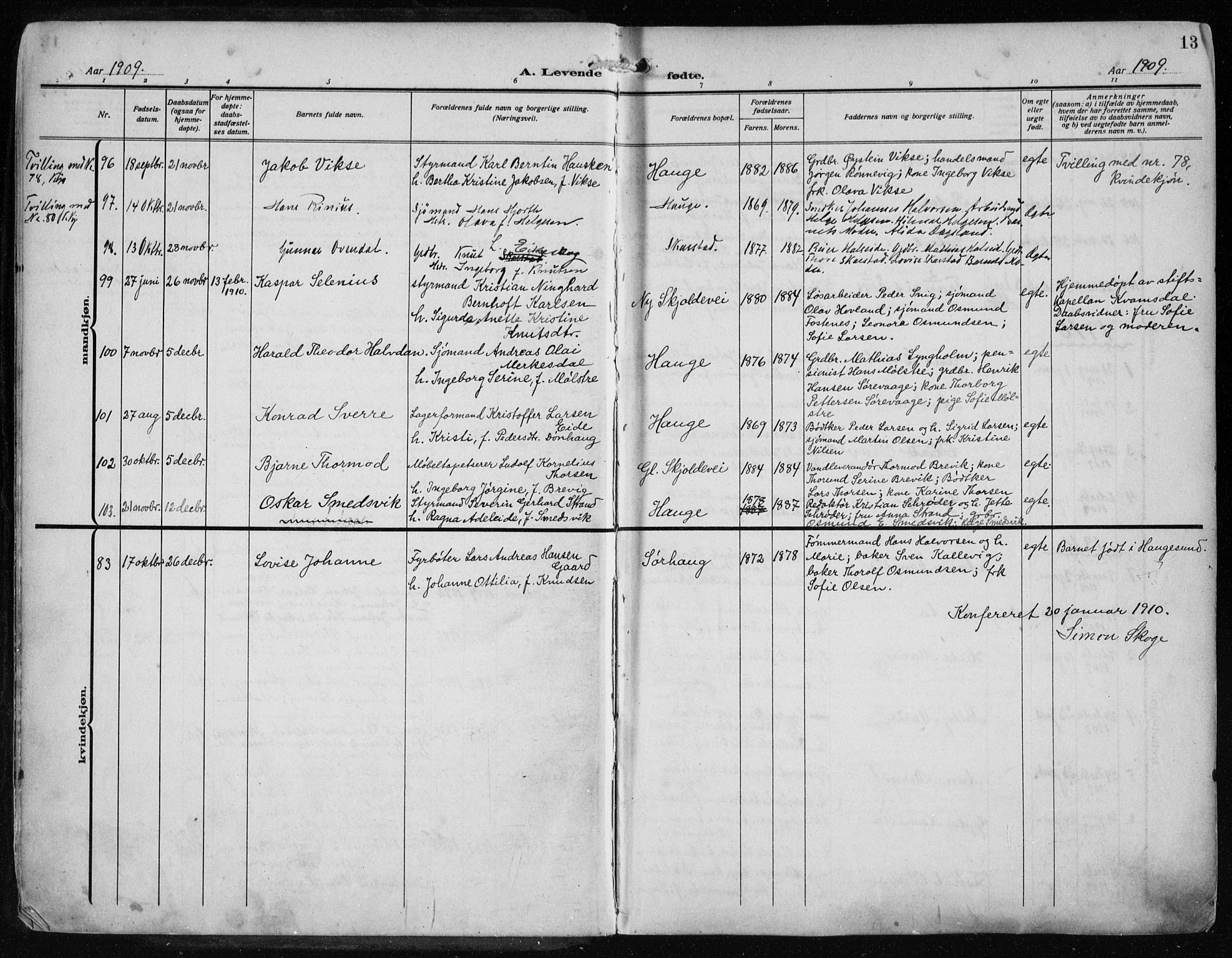 Haugesund sokneprestkontor, AV/SAST-A -101863/H/Ha/Haa/L0010: Ministerialbok nr. A 10, 1909-1935, s. 13