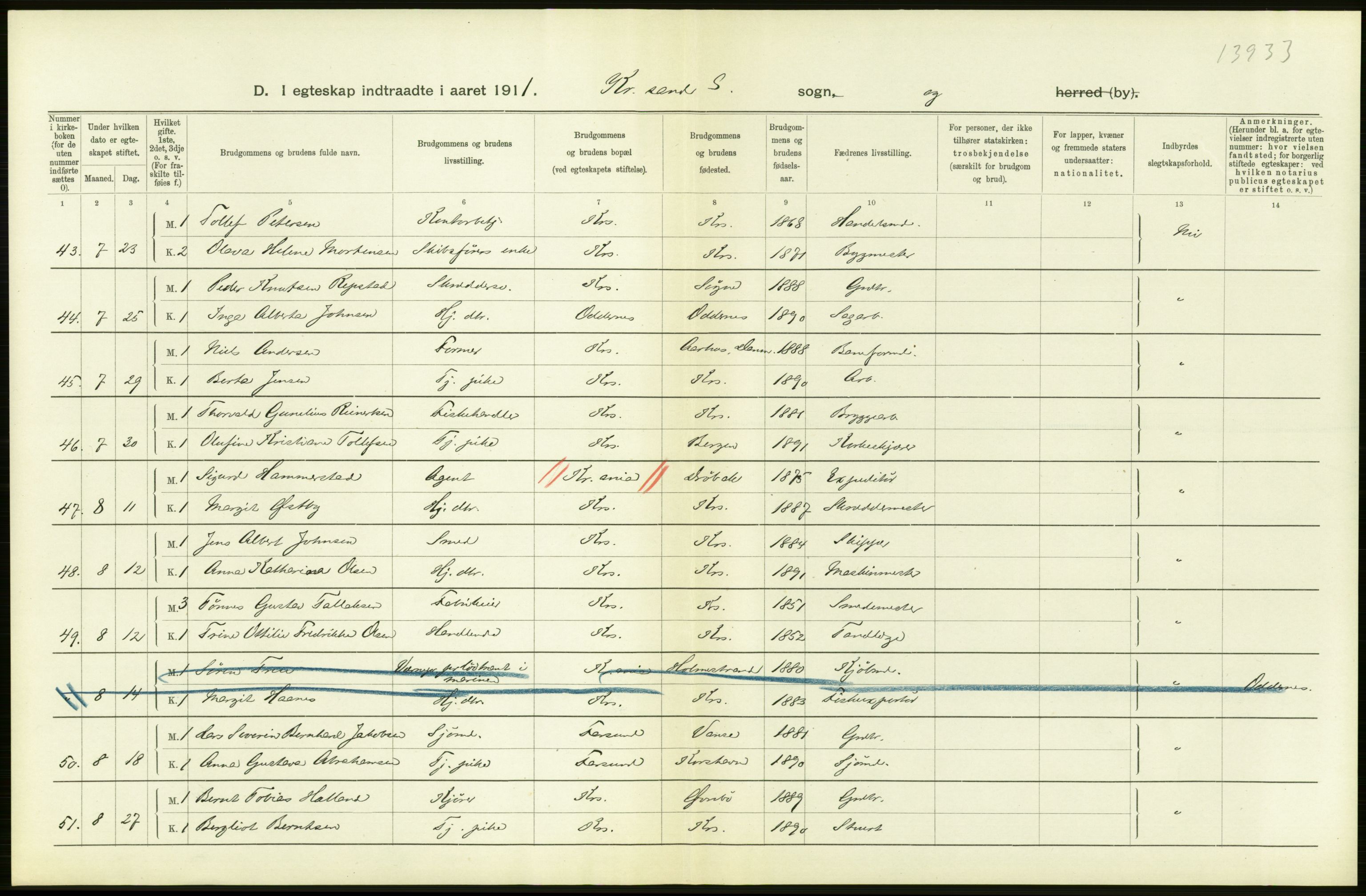 Statistisk sentralbyrå, Sosiodemografiske emner, Befolkning, AV/RA-S-2228/D/Df/Dfb/Dfba/L0024: Lister og Mandals amt:  Gifte, døde, dødfødte. Bygder og byer., 1911, s. 374