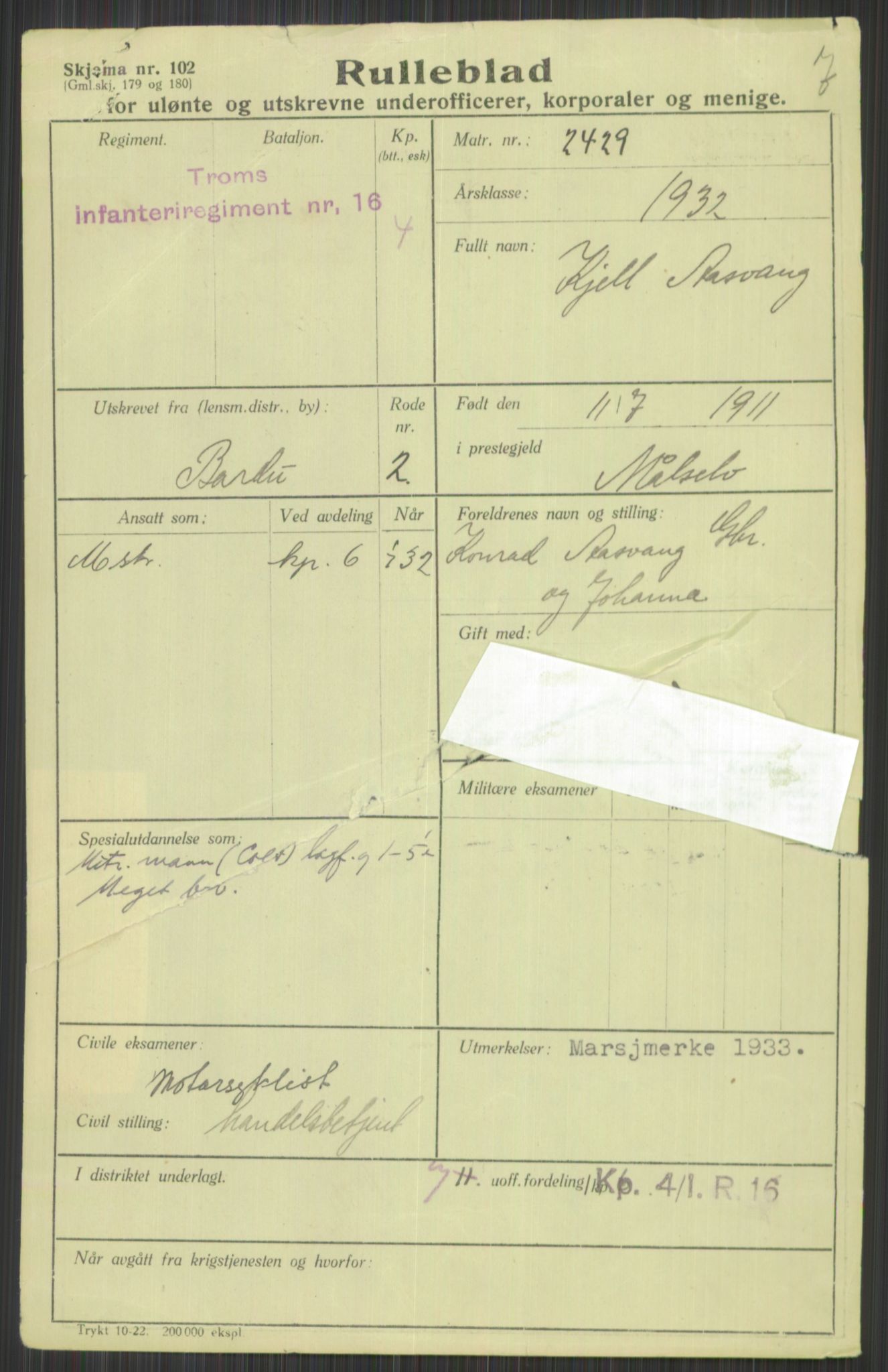 Forsvaret, Troms infanteriregiment nr. 16, AV/RA-RAFA-3146/P/Pa/L0016: Rulleblad for regimentets menige mannskaper, årsklasse 1932, 1932, s. 1651