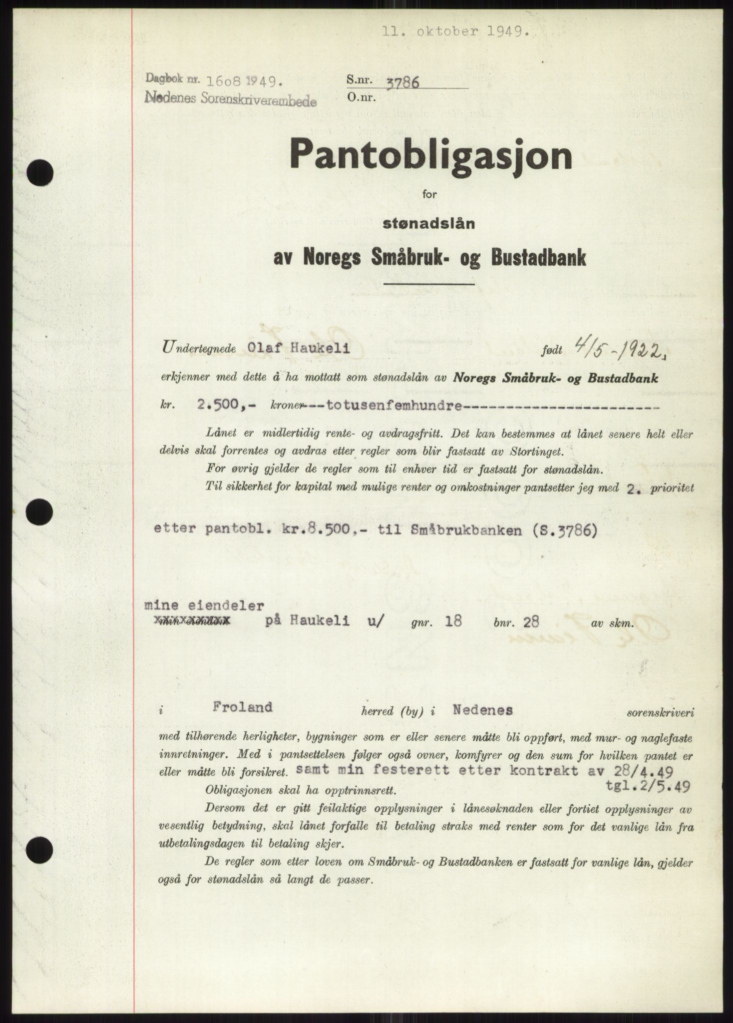 Nedenes sorenskriveri, SAK/1221-0006/G/Gb/Gbb/L0006: Pantebok nr. B6, 1948-1949, Dagboknr: 1608/1949