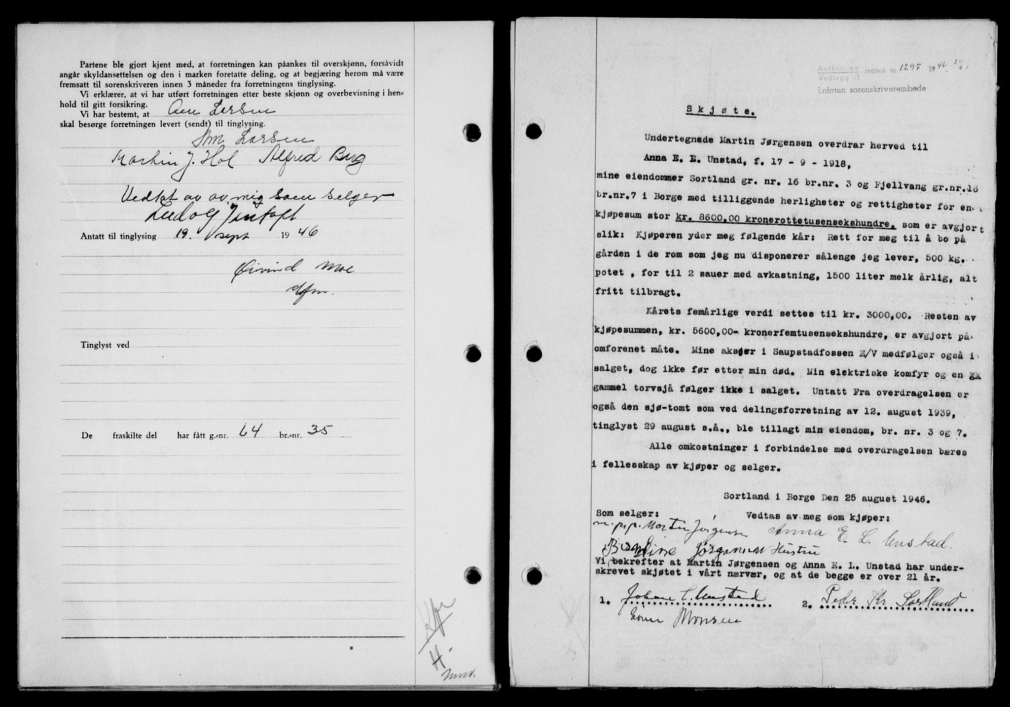 Lofoten sorenskriveri, SAT/A-0017/1/2/2C/L0014a: Pantebok nr. 14a, 1946-1946, Dagboknr: 1297/1946