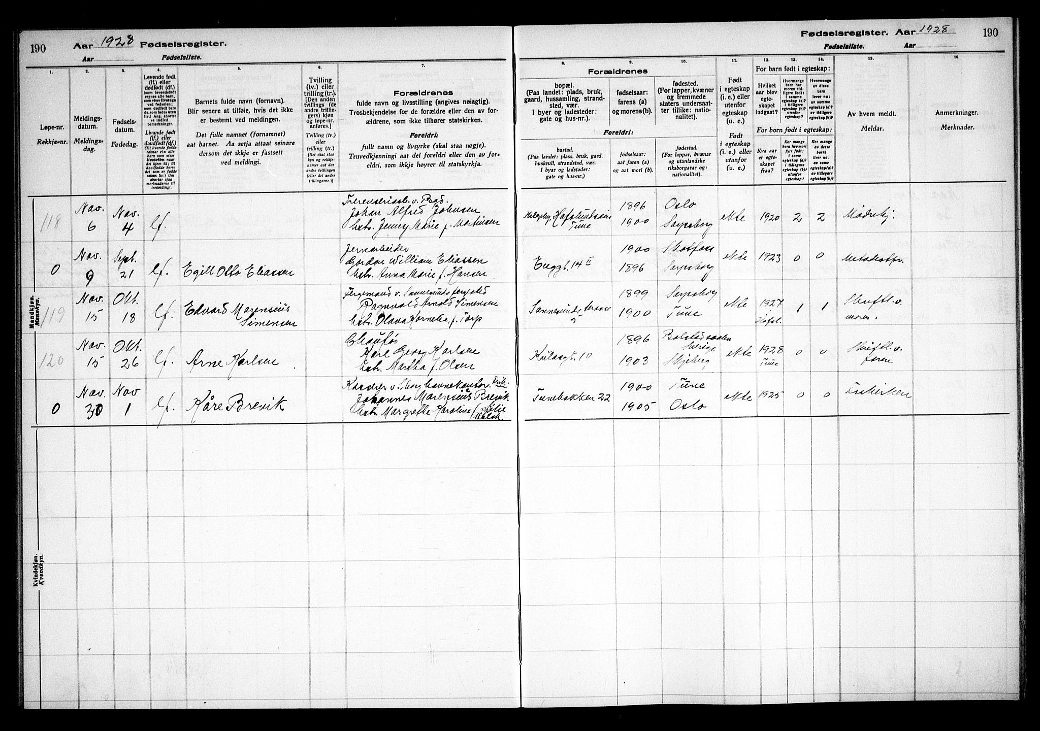 Sarpsborg prestekontor Kirkebøker, AV/SAO-A-2006/J/Ja/L0002: Fødselsregister nr. 2, 1922-1928, s. 190