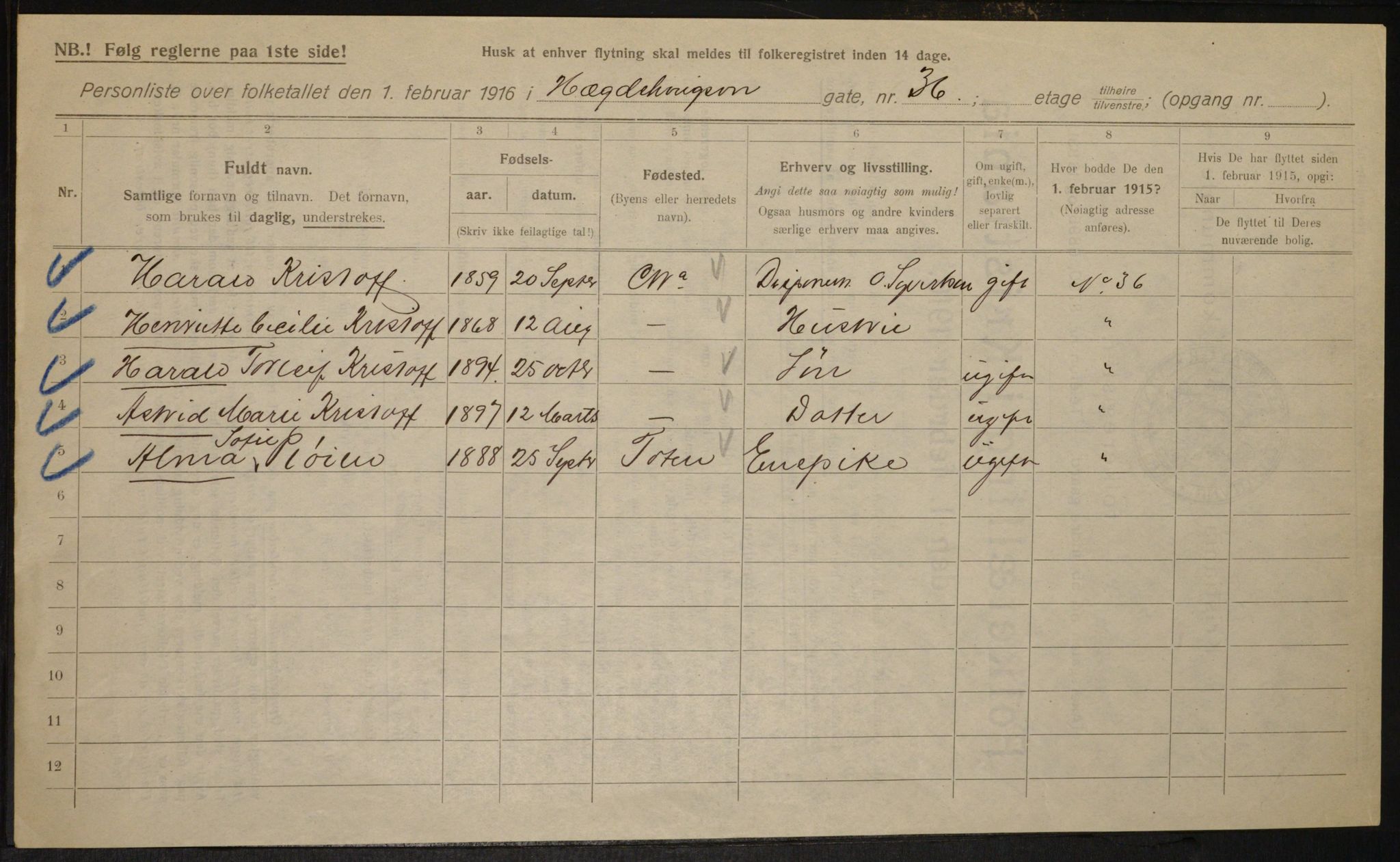 OBA, Kommunal folketelling 1.2.1916 for Kristiania, 1916, s. 37186