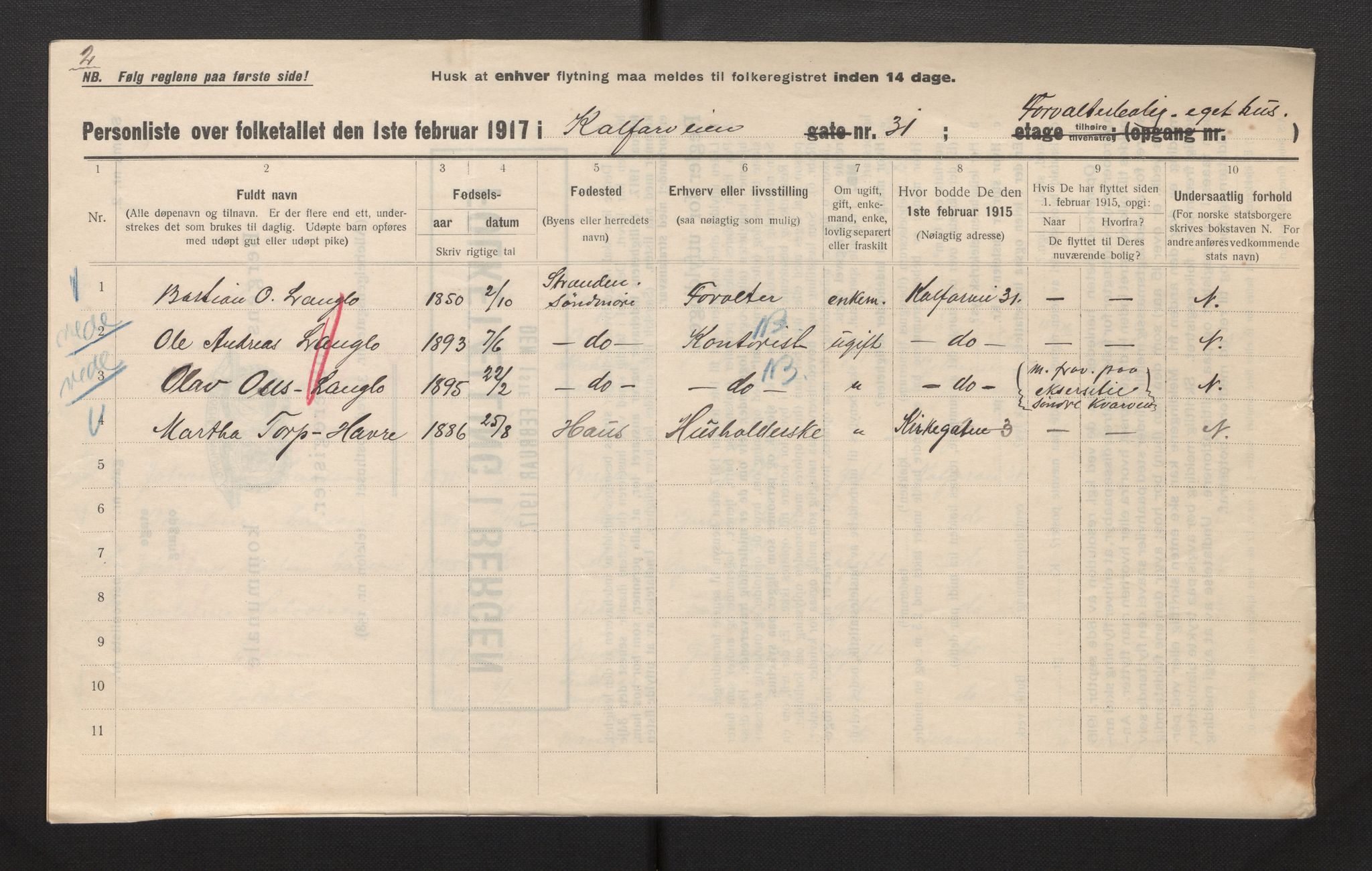 SAB, Kommunal folketelling 1917 for Bergen kjøpstad, 1917, s. 16900