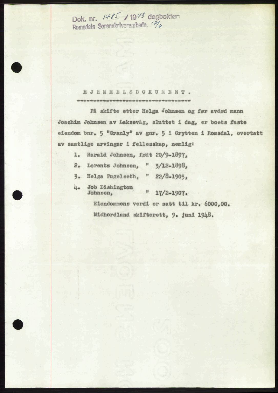 Romsdal sorenskriveri, SAT/A-4149/1/2/2C: Pantebok nr. A26, 1948-1948, Dagboknr: 1485/1948