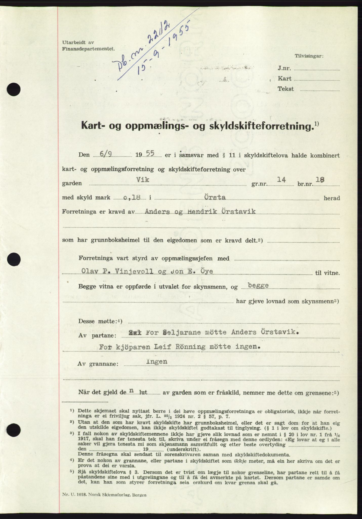 Søre Sunnmøre sorenskriveri, AV/SAT-A-4122/1/2/2C/L0101: Pantebok nr. 27A, 1955-1955, Dagboknr: 2212/1955