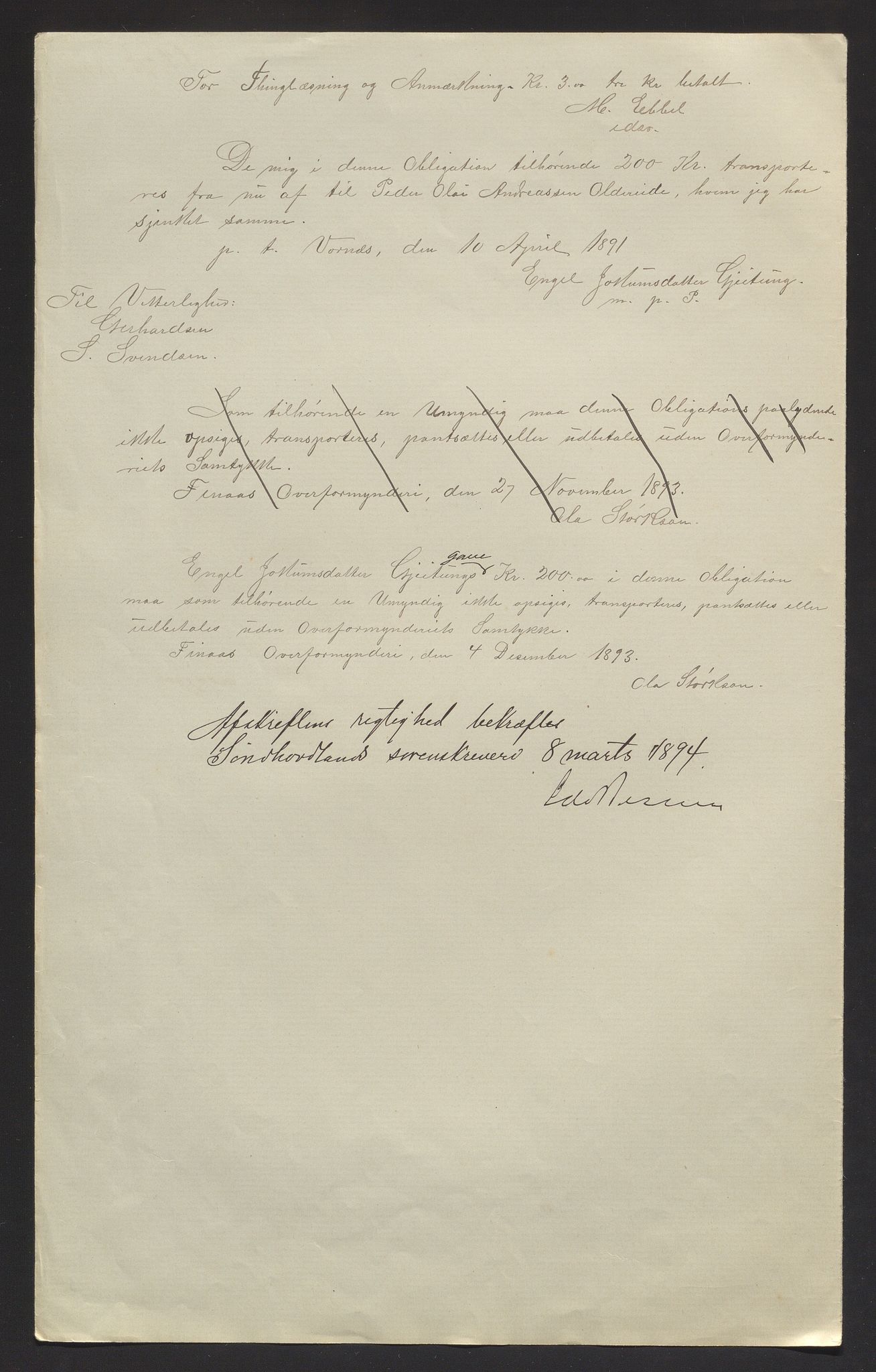 Finnaas kommune. Overformynderiet, IKAH/1218a-812/R/Ra/Raa/L0006/0001: Årlege rekneskap m/vedlegg / Årlege rekneskap m/vedlegg, 1892