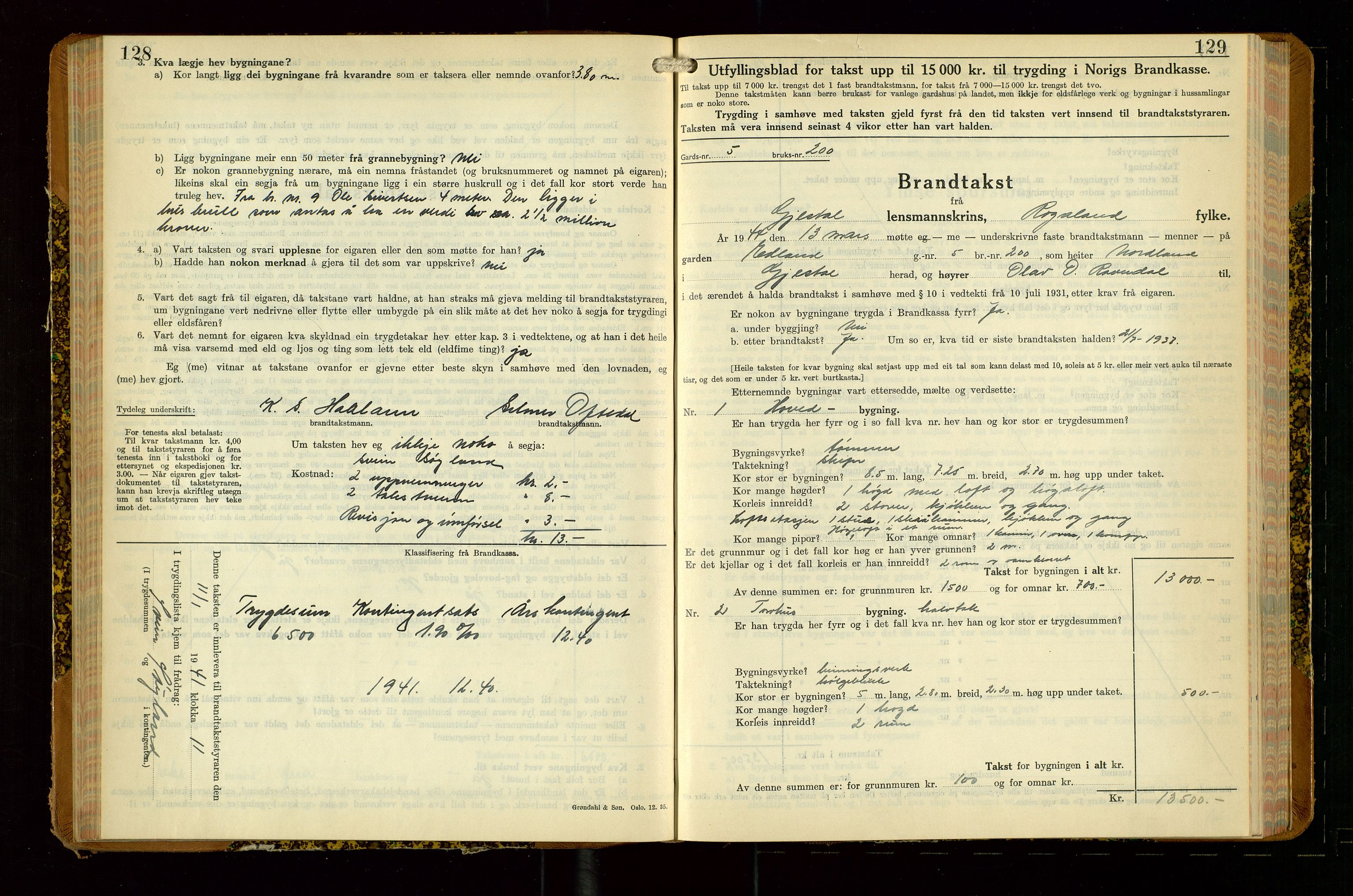 Gjesdal lensmannskontor, AV/SAST-A-100441/Go/L0008: Branntakstskjemaprotokoll, 1937-1955, s. 128-129