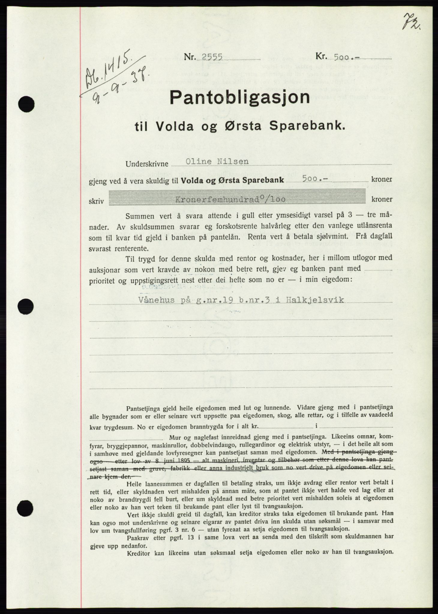Søre Sunnmøre sorenskriveri, SAT/A-4122/1/2/2C/L0064: Pantebok nr. 58, 1937-1938, Dagboknr: 1415/1937
