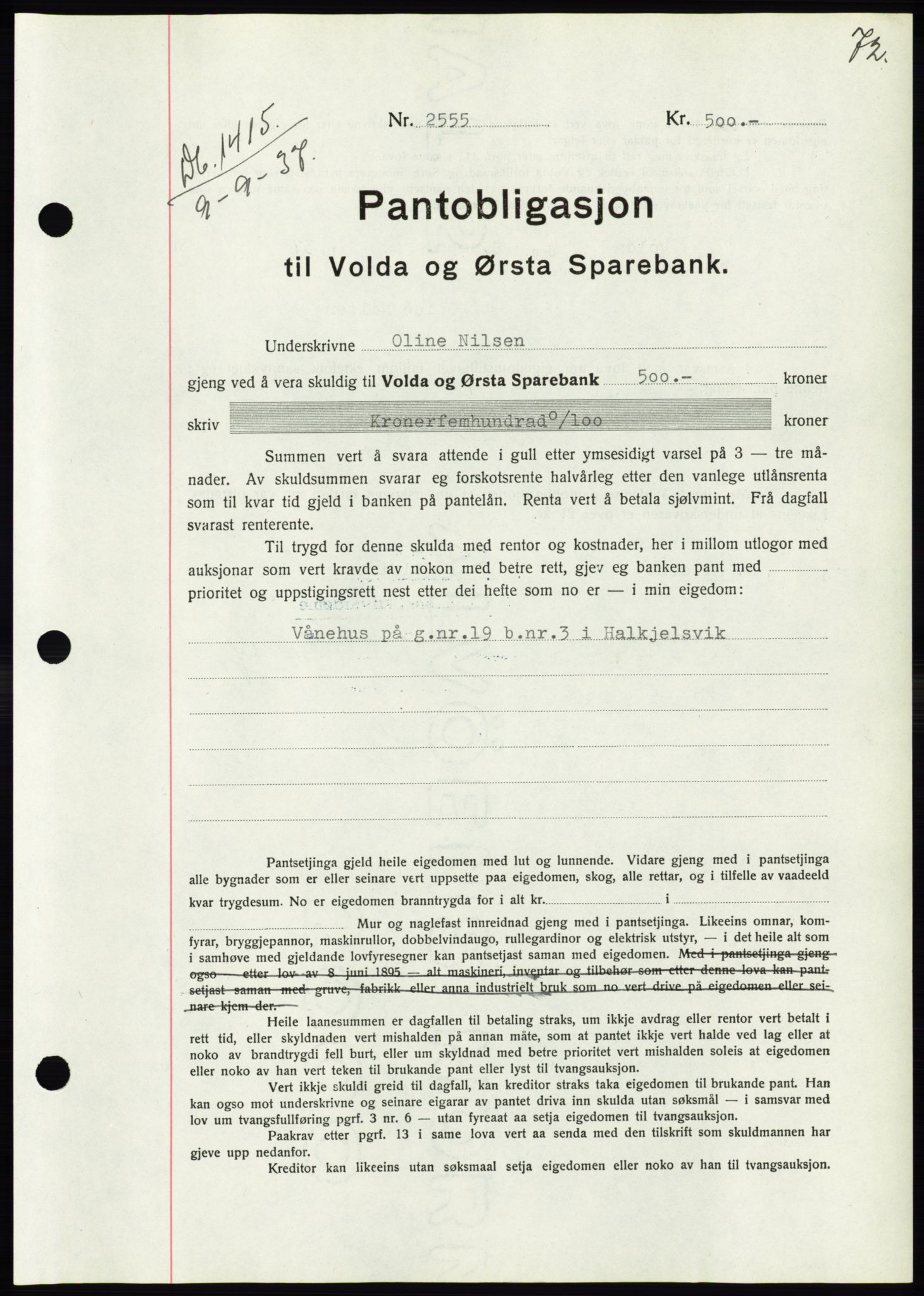 Søre Sunnmøre sorenskriveri, AV/SAT-A-4122/1/2/2C/L0064: Pantebok nr. 58, 1937-1938, Dagboknr: 1415/1937