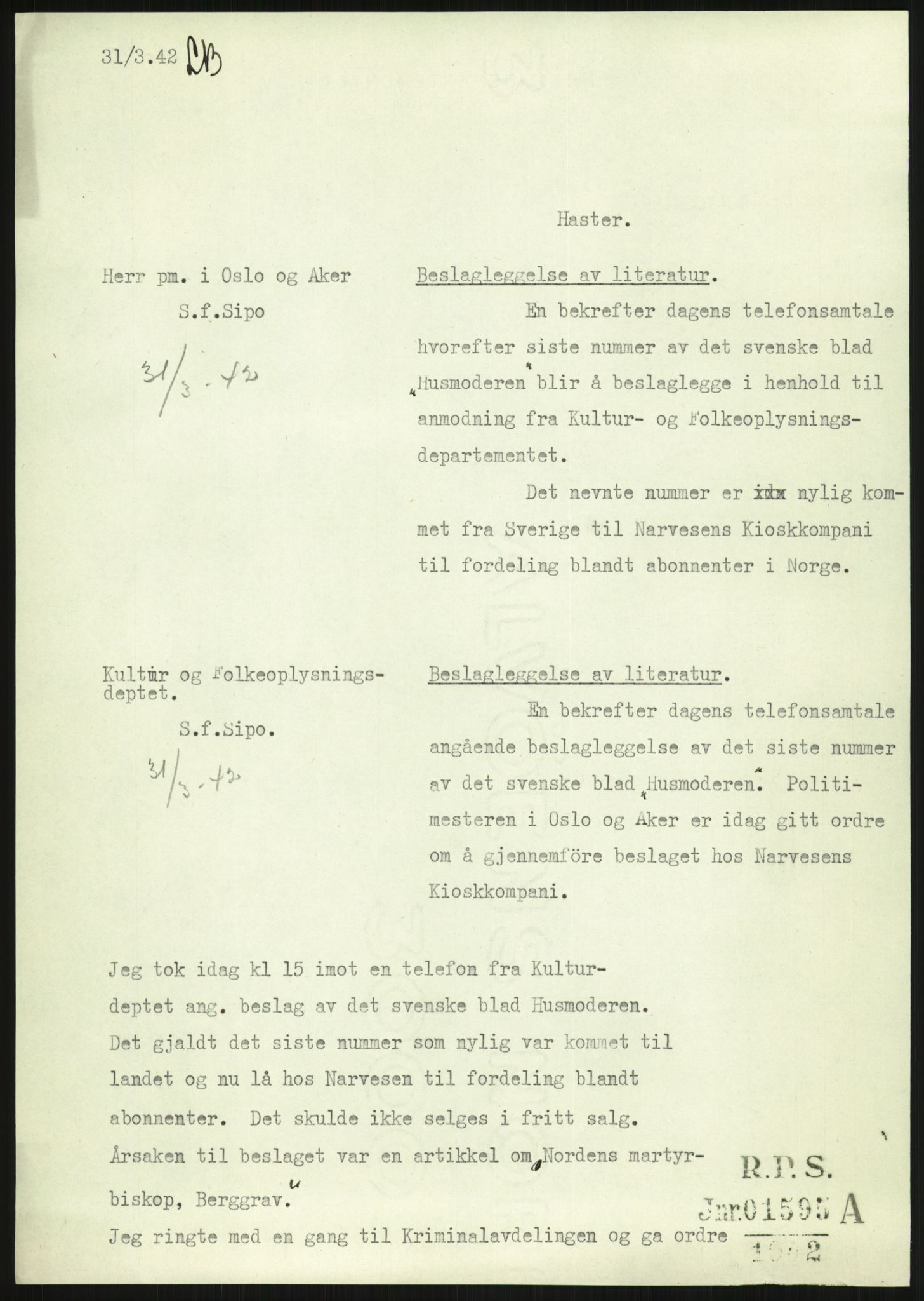 Statspolitiet - Hovedkontoret / Osloavdelingen, AV/RA-S-1329/F/L0091: Beslaglagt litteratur, 1941-1943, s. 5
