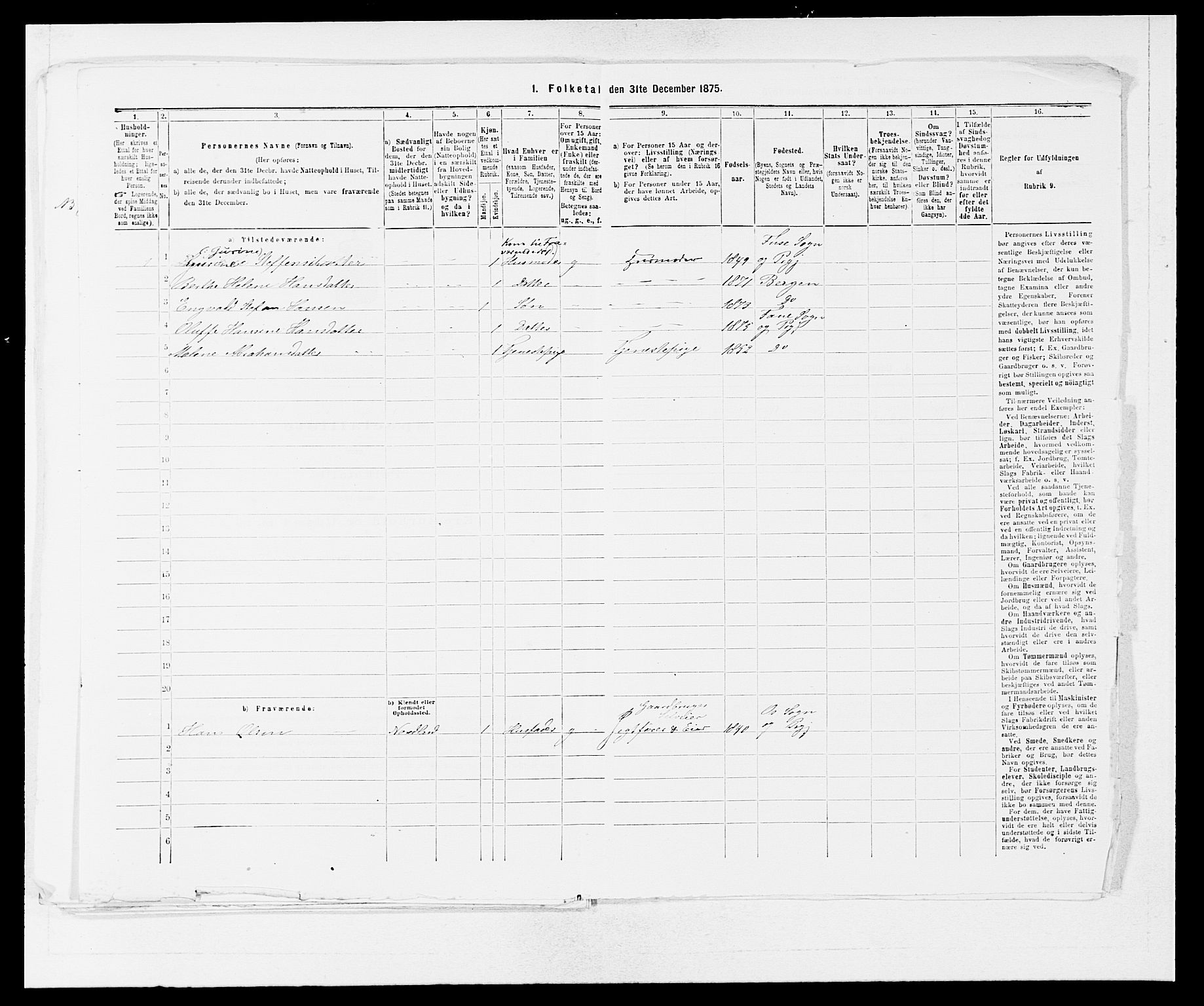 SAB, Folketelling 1875 for 1249P Fana prestegjeld, 1875, s. 1009