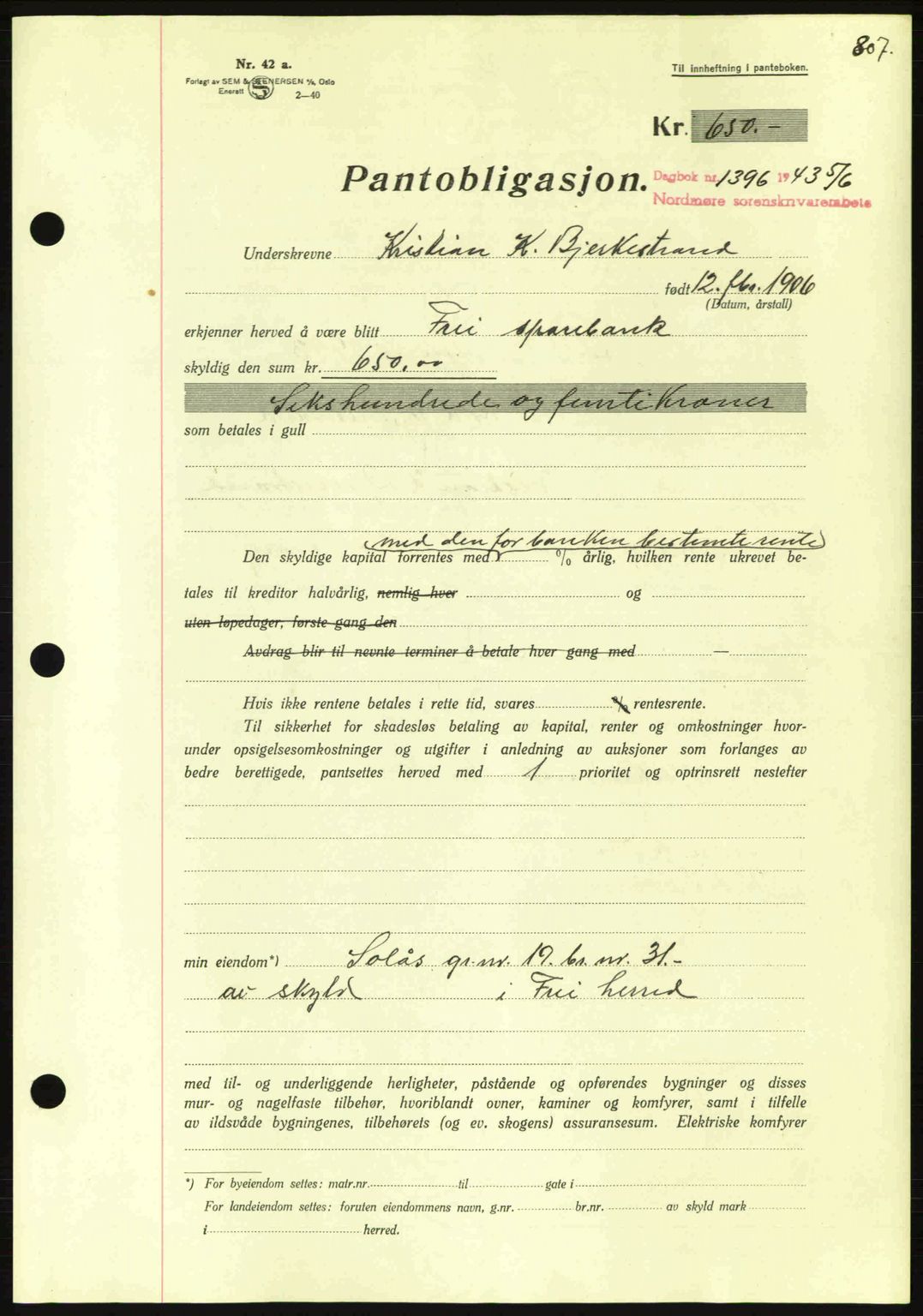 Nordmøre sorenskriveri, SAT/A-4132/1/2/2Ca: Pantebok nr. B90, 1942-1943, Dagboknr: 1396/1943
