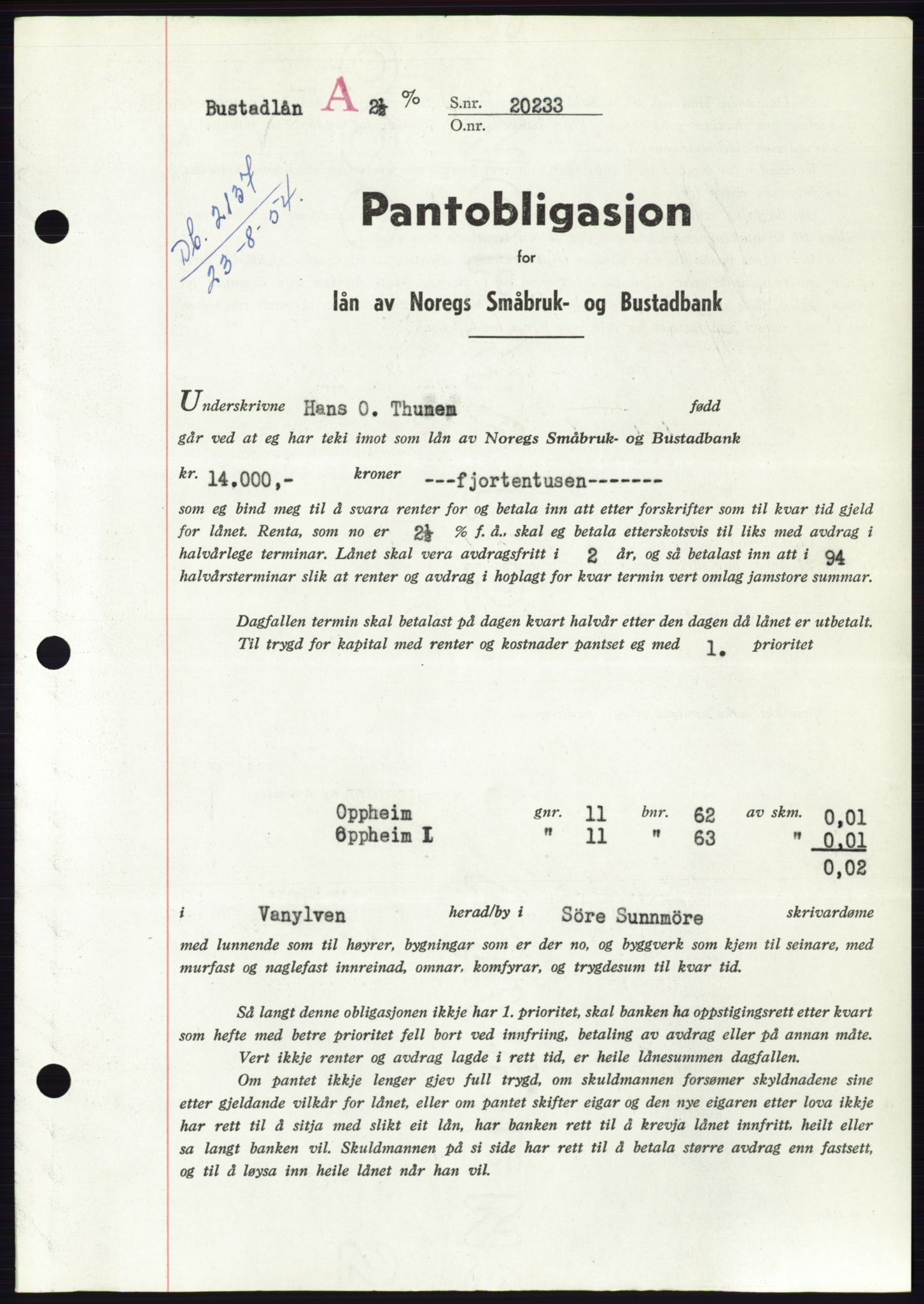 Søre Sunnmøre sorenskriveri, SAT/A-4122/1/2/2C/L0125: Pantebok nr. 13B, 1954-1954, Dagboknr: 2137/1954