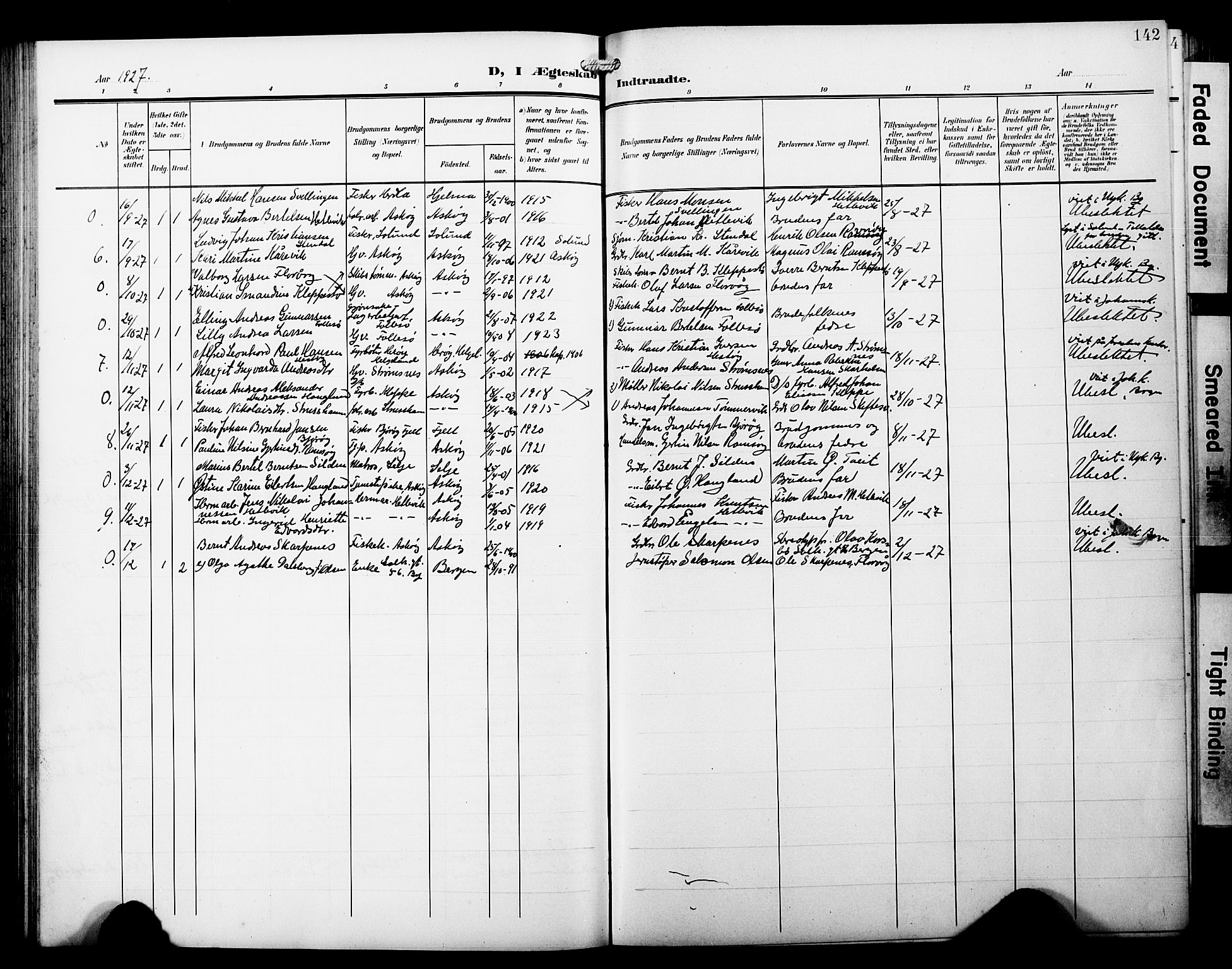 Askøy Sokneprestembete, AV/SAB-A-74101/H/Ha/Hab/Haba/L0014: Klokkerbok nr. A 14, 1904-1927, s. 142