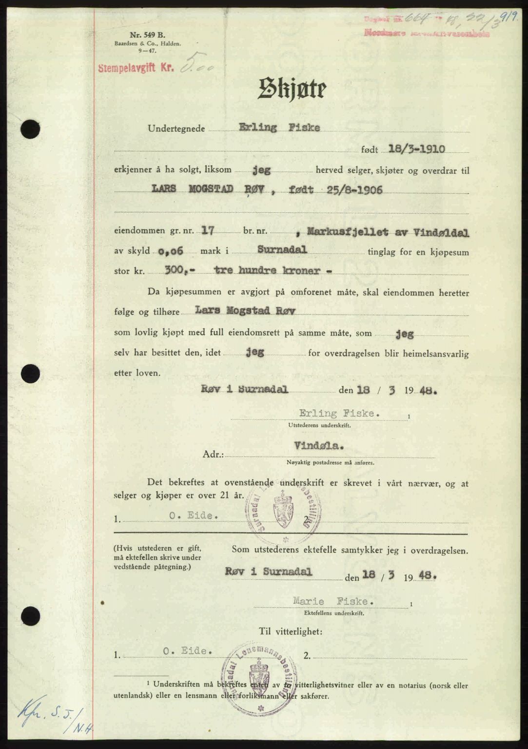 Nordmøre sorenskriveri, SAT/A-4132/1/2/2Ca: Pantebok nr. A107, 1947-1948, Dagboknr: 664/1948