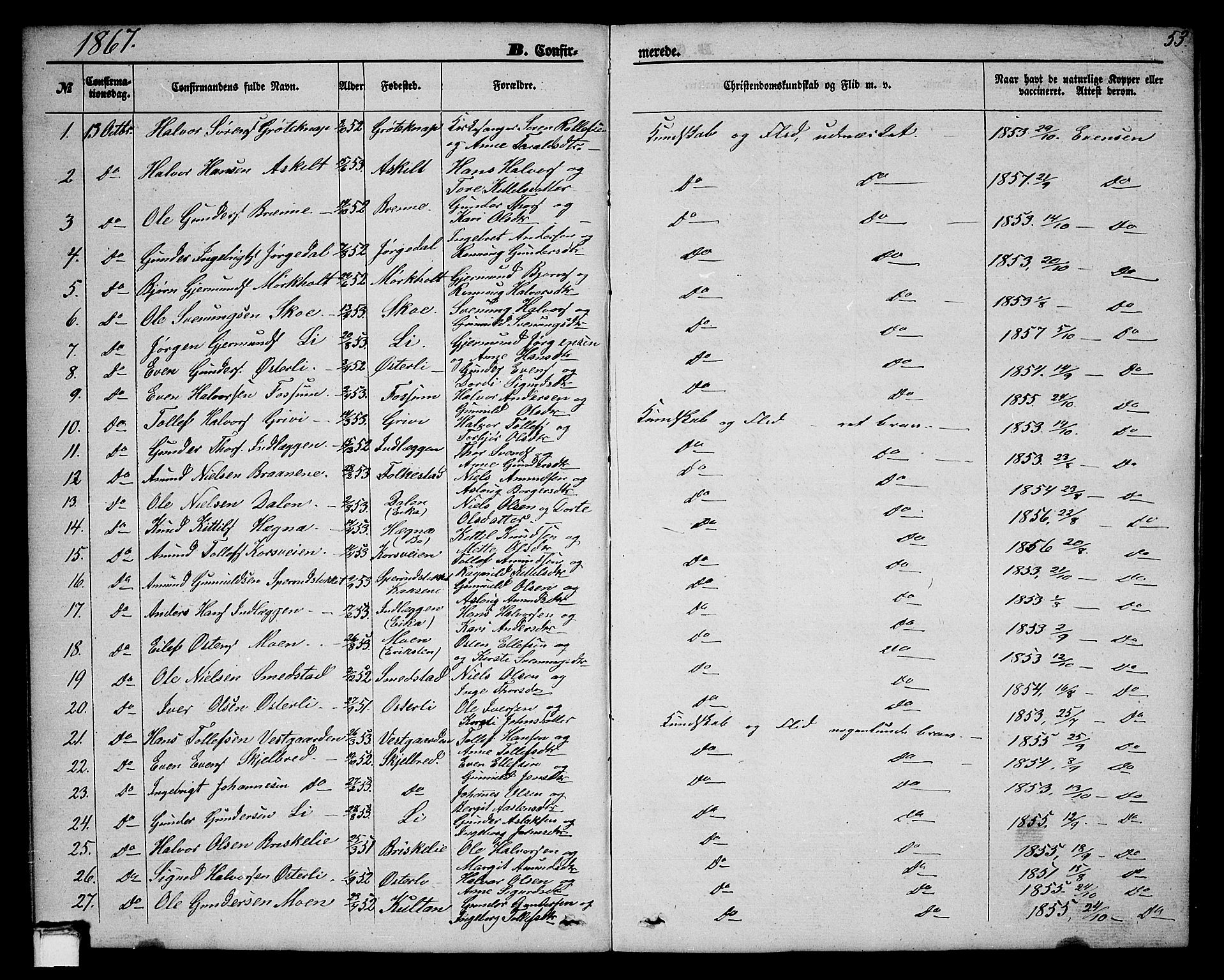 Bø kirkebøker, AV/SAKO-A-257/G/Ga/L0003: Klokkerbok nr. 3, 1866-1875, s. 53