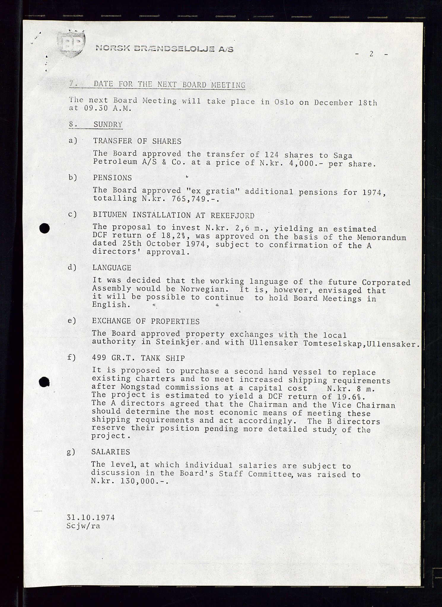 PA 1544 - Norsk Brændselolje A/S, AV/SAST-A-101965/1/A/Ab/L0006/0003: Styremøter  / Styremøter 1974, 1975, 1974-1975, s. 7