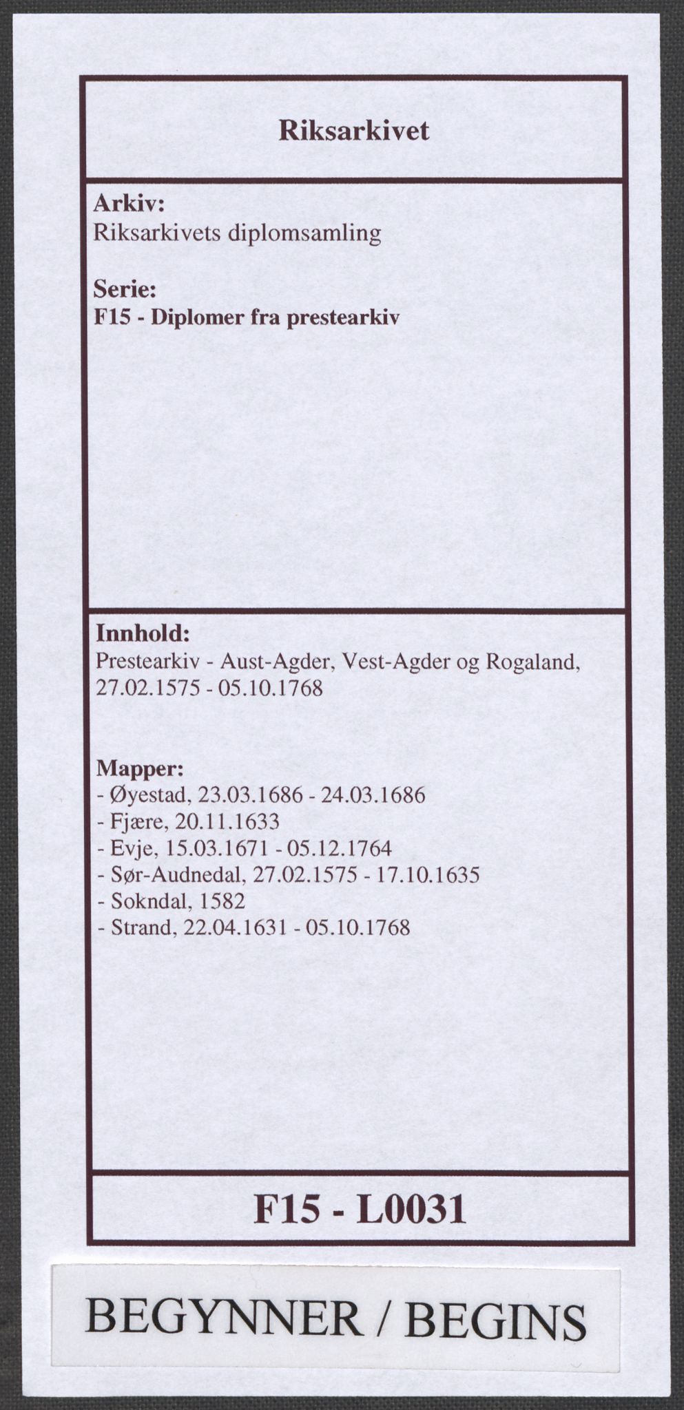 Riksarkivets diplomsamling, RA/EA-5965/F15/L0031: Prestearkiv - Aust-Agder, Vest-Agder og Rogaland, 1575-1768, s. 1